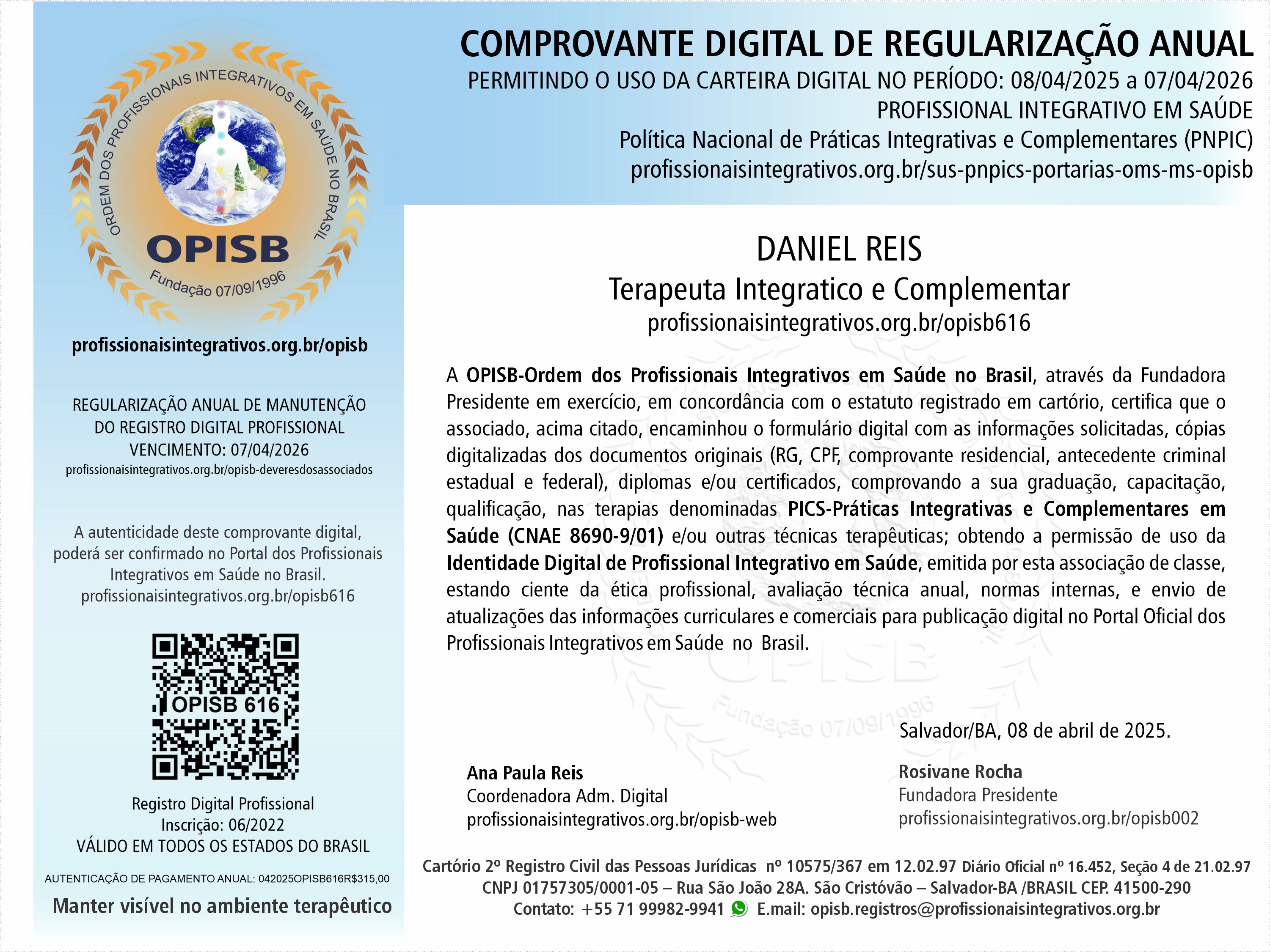 OPISB 616 Daniel Reis Comprovante Digital de Regularização Anual