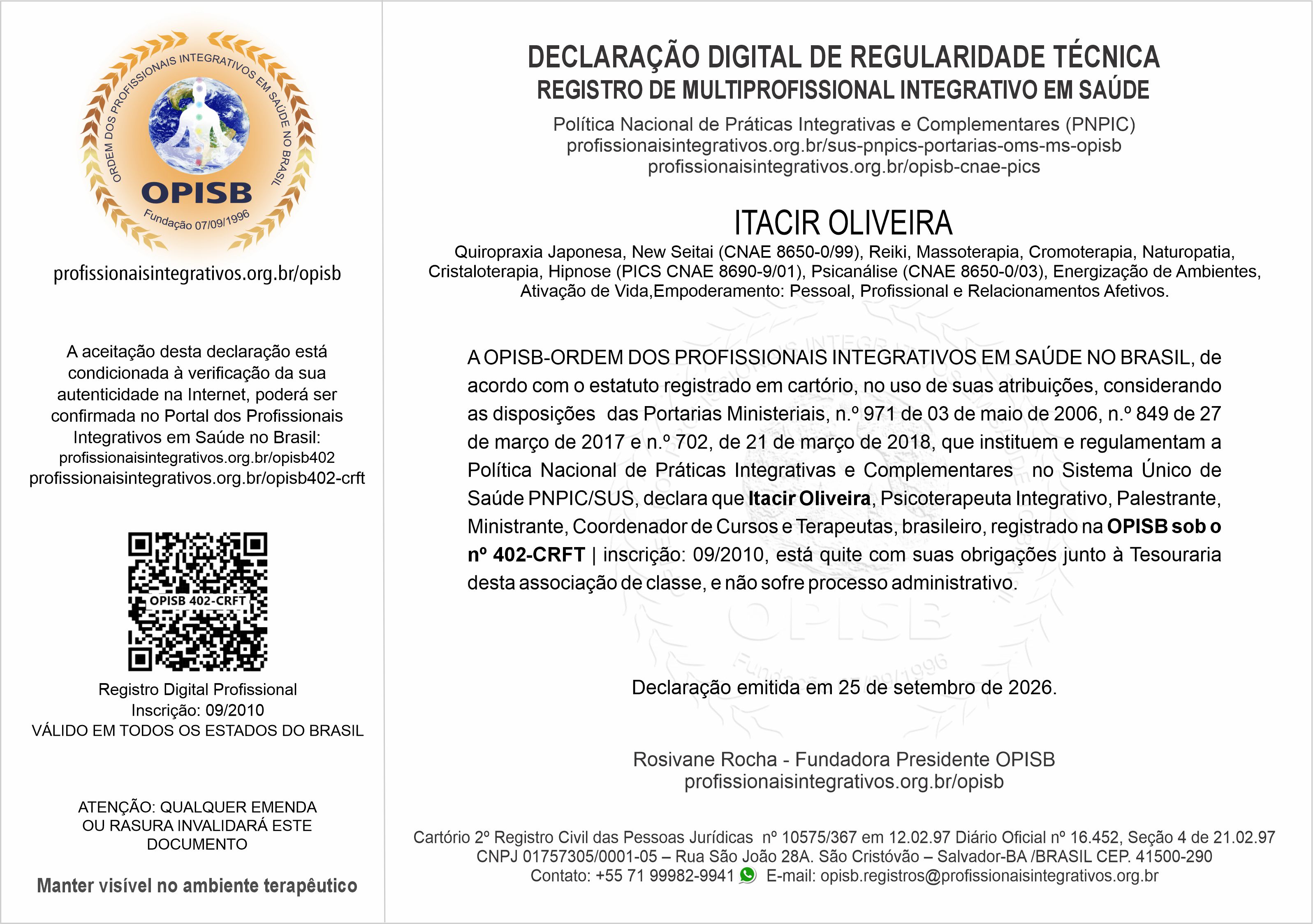 OPISB 402-CRFT Declaração Digital de Regularidade Técnica