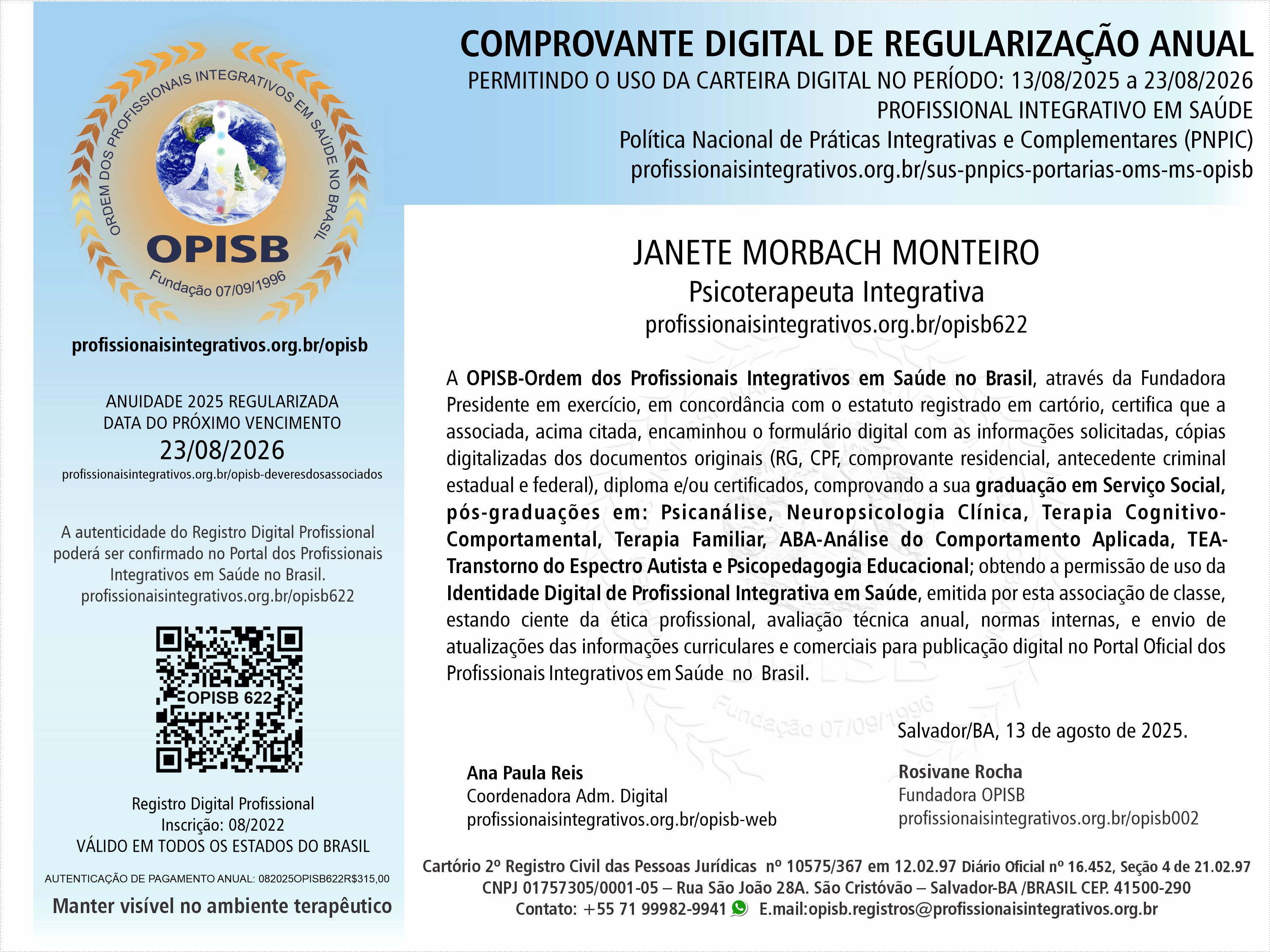 OPISB 622 Janete Morbach Monteiro  Comprovante Digital de Regularização Anual