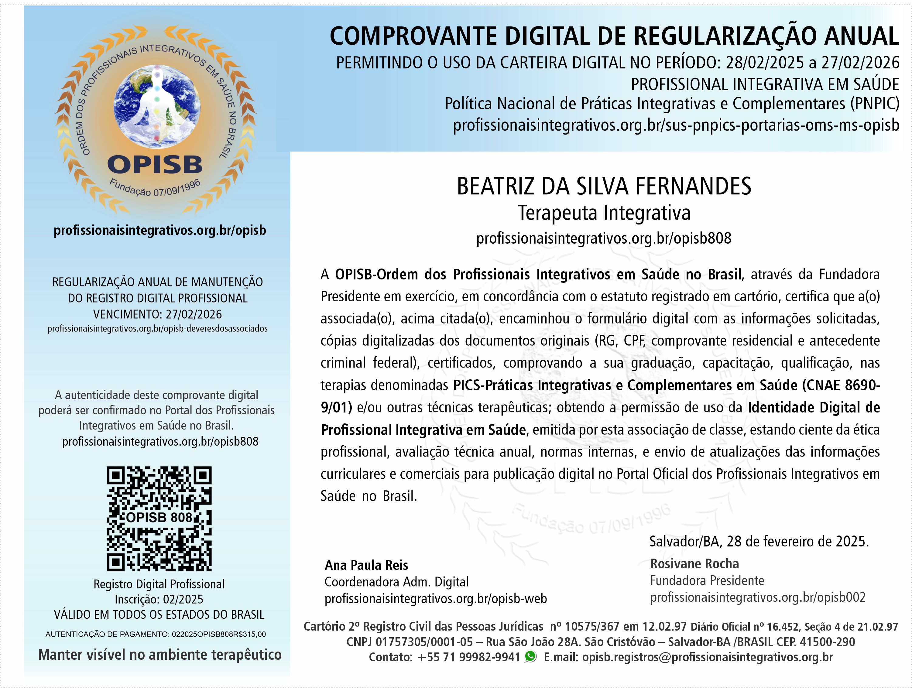OPISB 808 Beatriz da Silva Fernandes Comprovante Digital de Regularização Anual