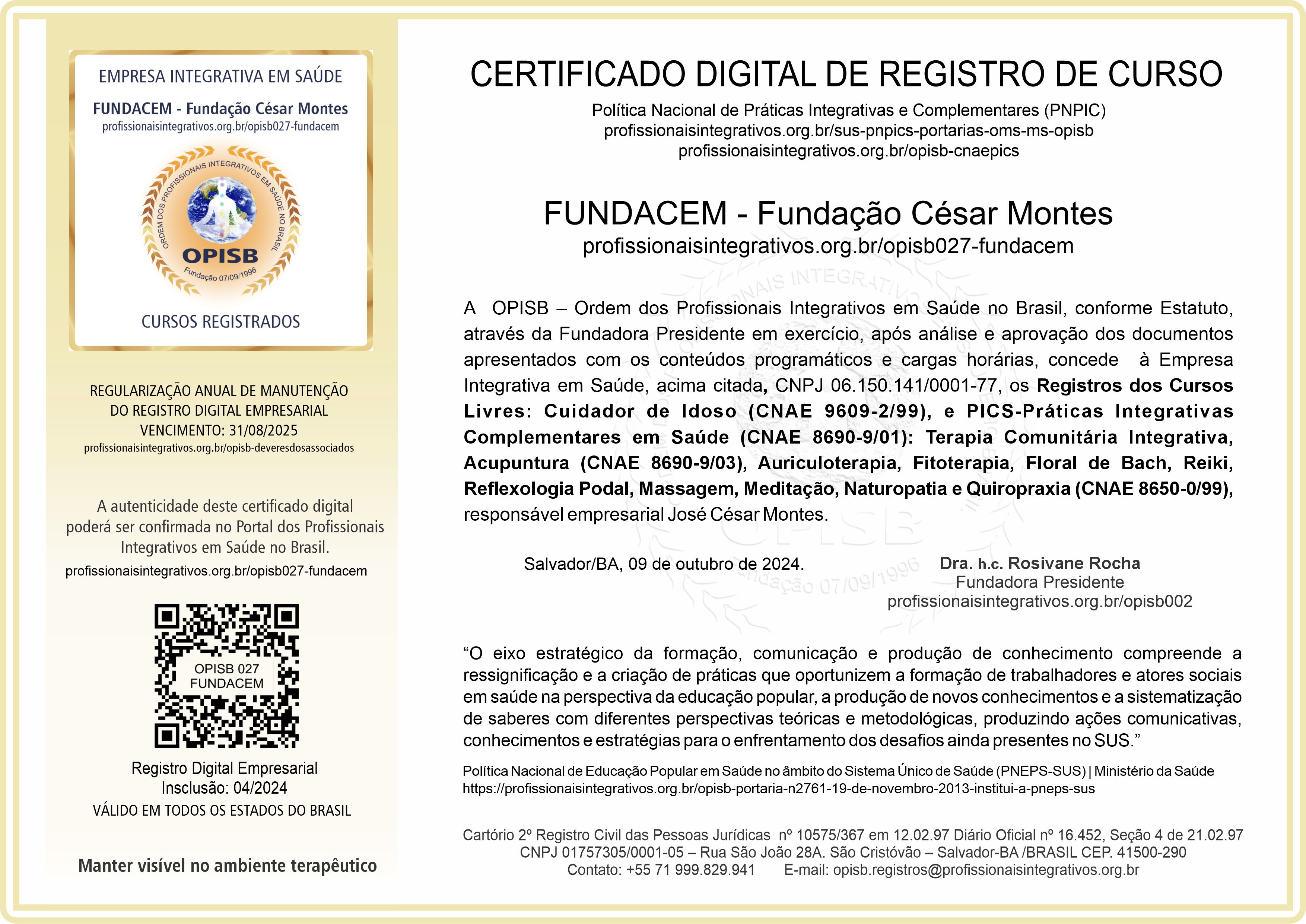 OPISB 027-FUNDACEM Certificado de Registro de Cursos