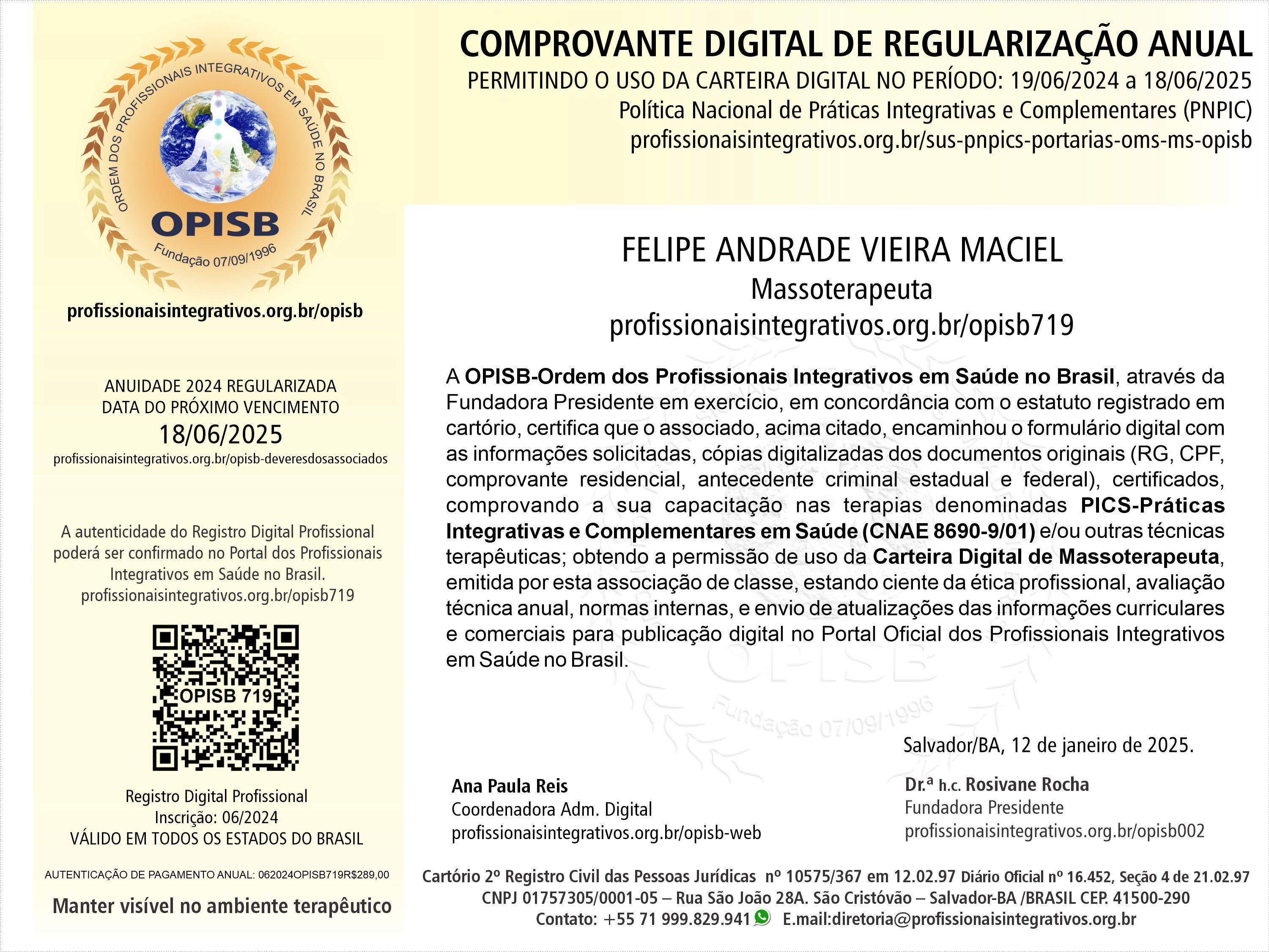 OPISB 719 Comprovante Digital de Regularização Anual