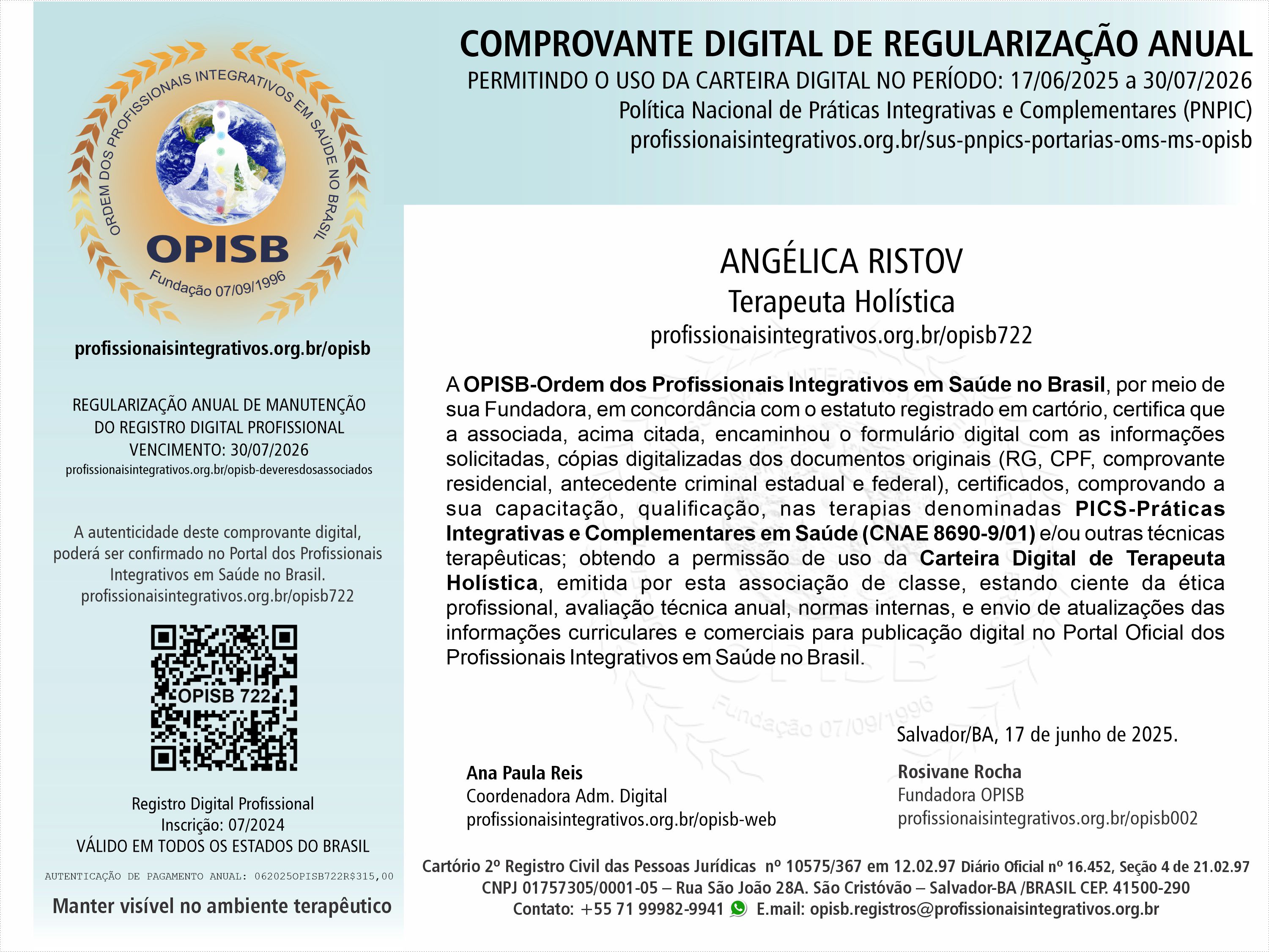 OPISB 722 Angélica Ristov Comprovante Digital de Regularização Anual