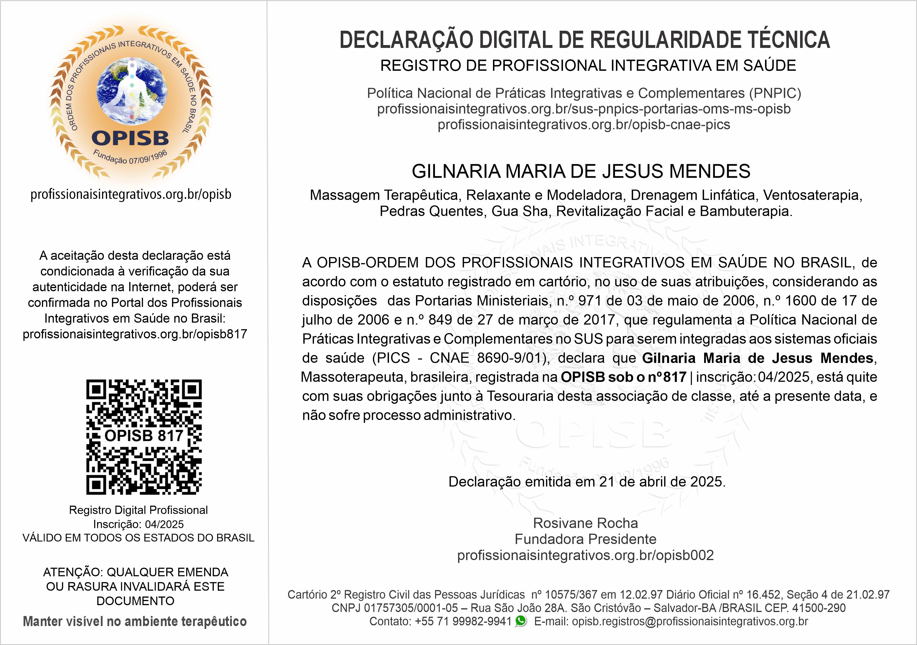 OPISB 817 Gilnaria Mendes Declaração Digital de Regularidade Técnica