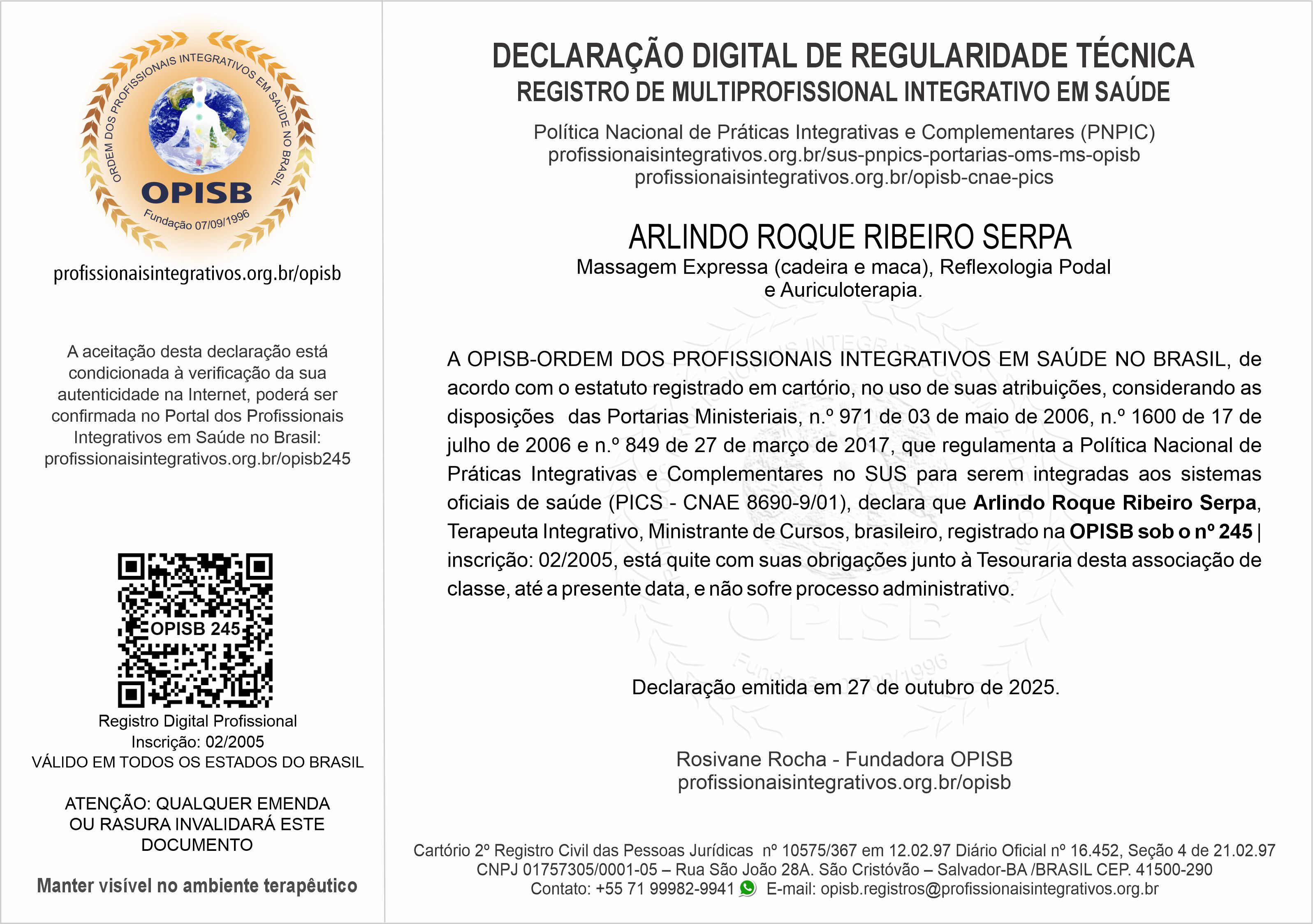 OPISB 245 Arlindo Serpa  Declaração Digital de Regularidade Técnica
