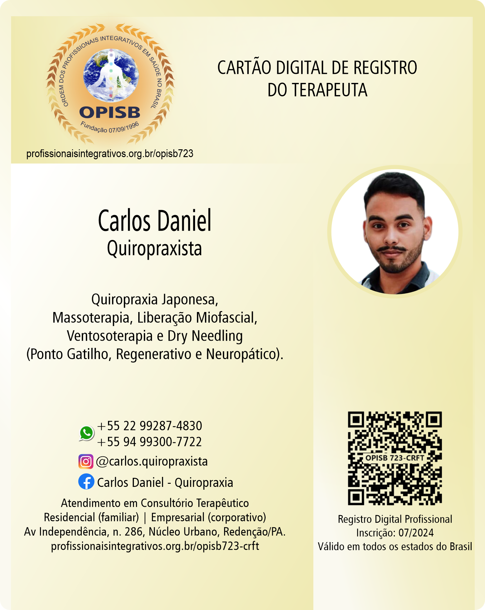 OPISB 723 Carlos Daniel | Quiropraxista | Cartão Digital de Registro.