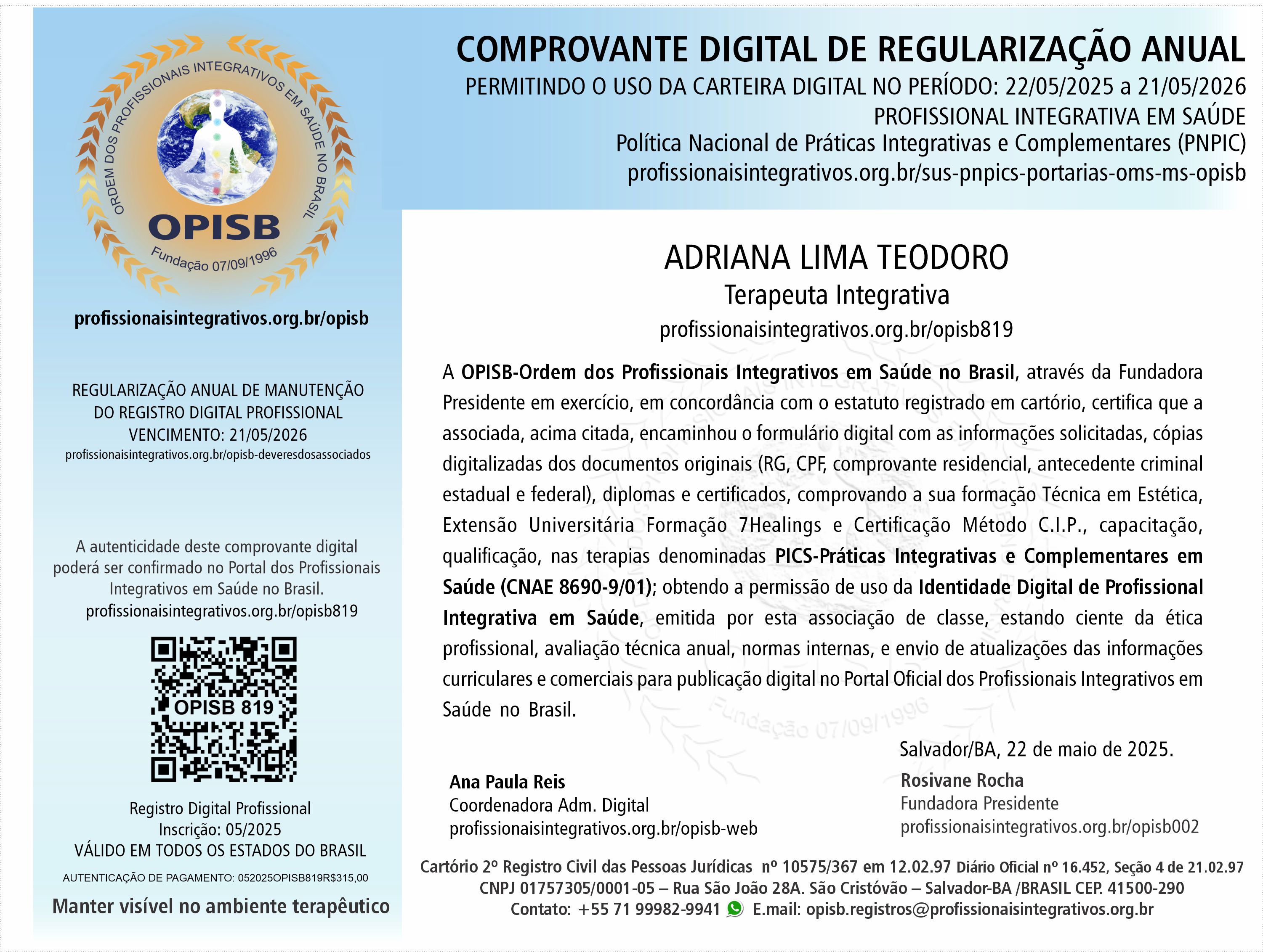OPISB 819 Adriana Lima Teodoro Comprovante Digital de Regularização Anual