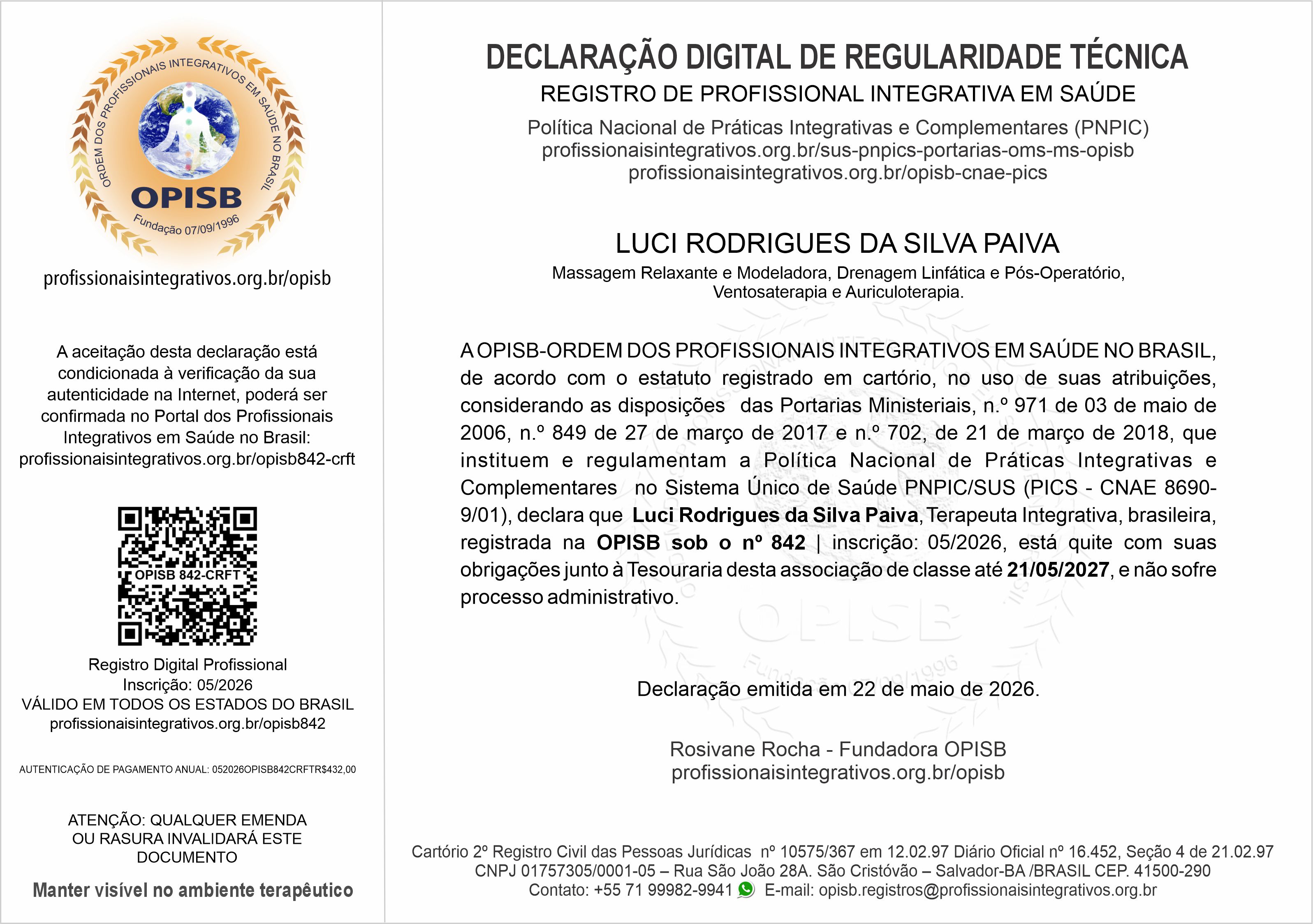 OPISB 842 Luci Rodrigues Declaração Digital de Regularidade Técnica