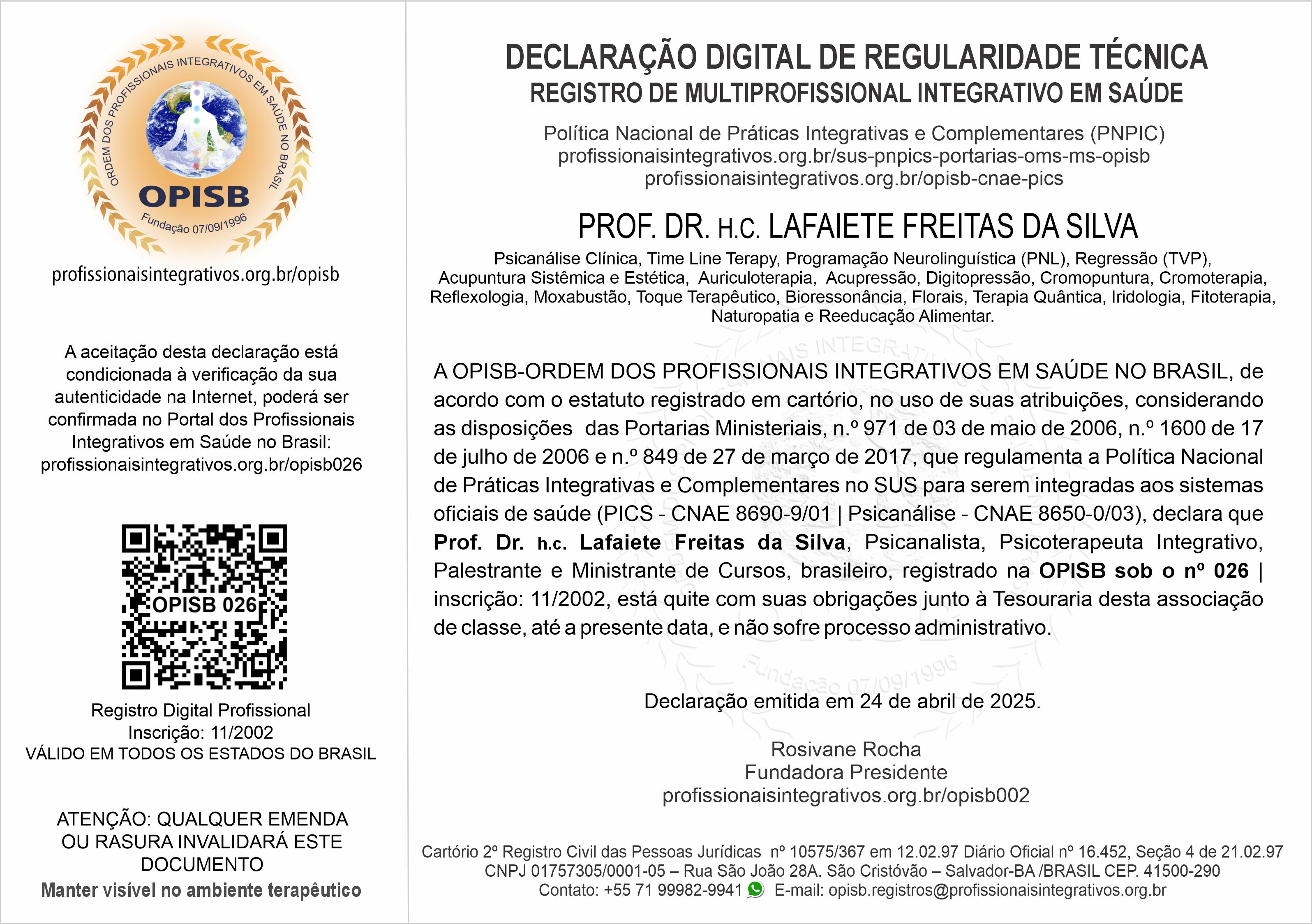 OPISB 026 Declaração Digital de Regularidade Técnica