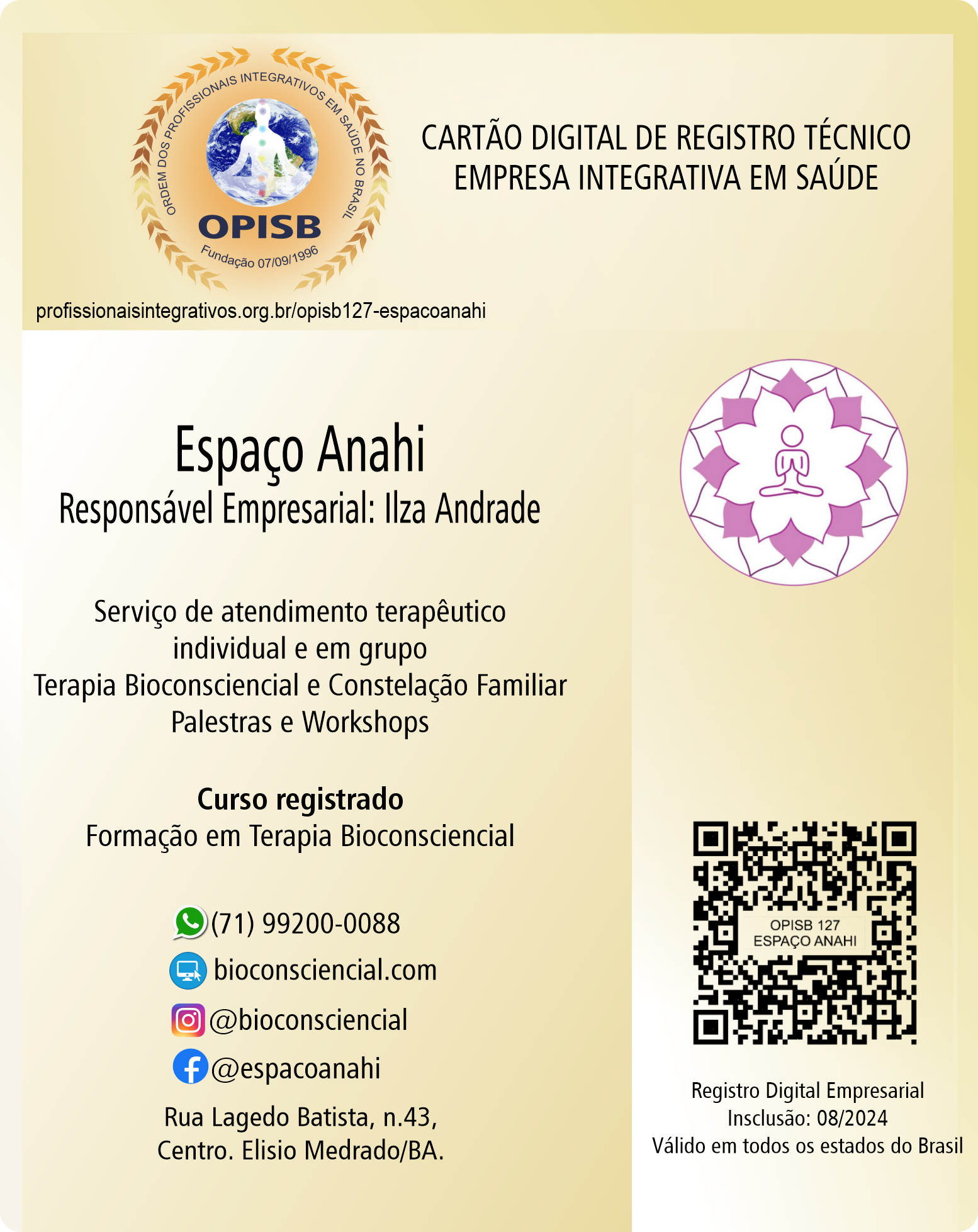 OPISB 127-ESPAÇO ANAHI  Registro Empresarial de Empresa Integrativa em Saúde | Ilza Andrade | Bioconsciencial