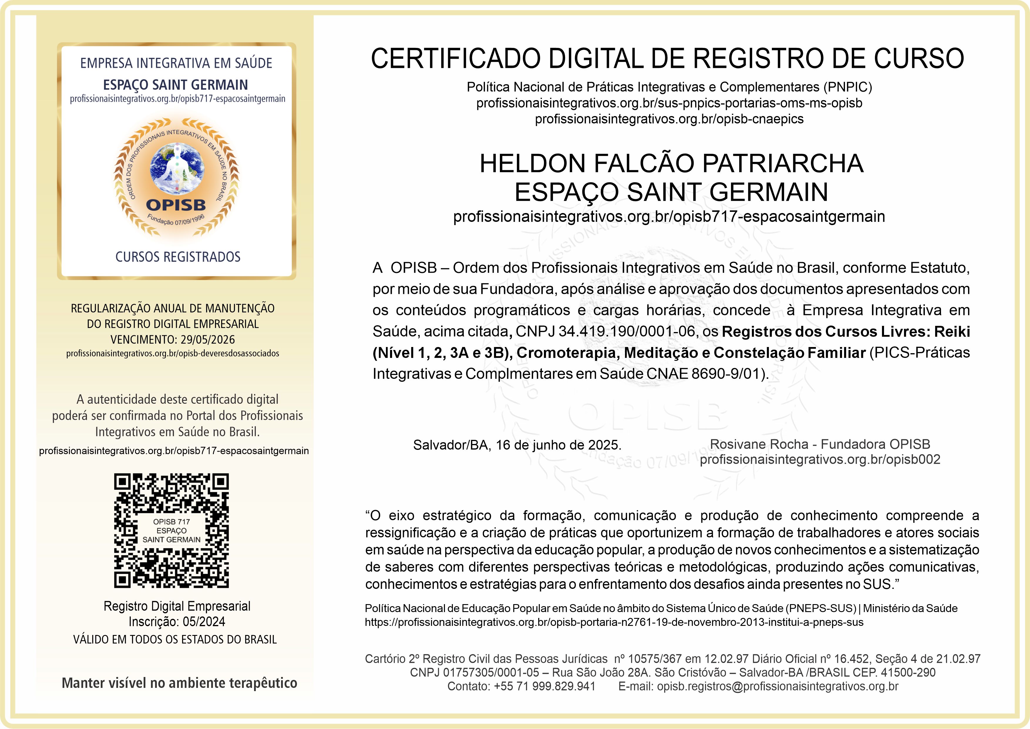 OPISB 717-Espaço Saint Germain Certificado de Registro de Cursos | Heldon Patriarcha
