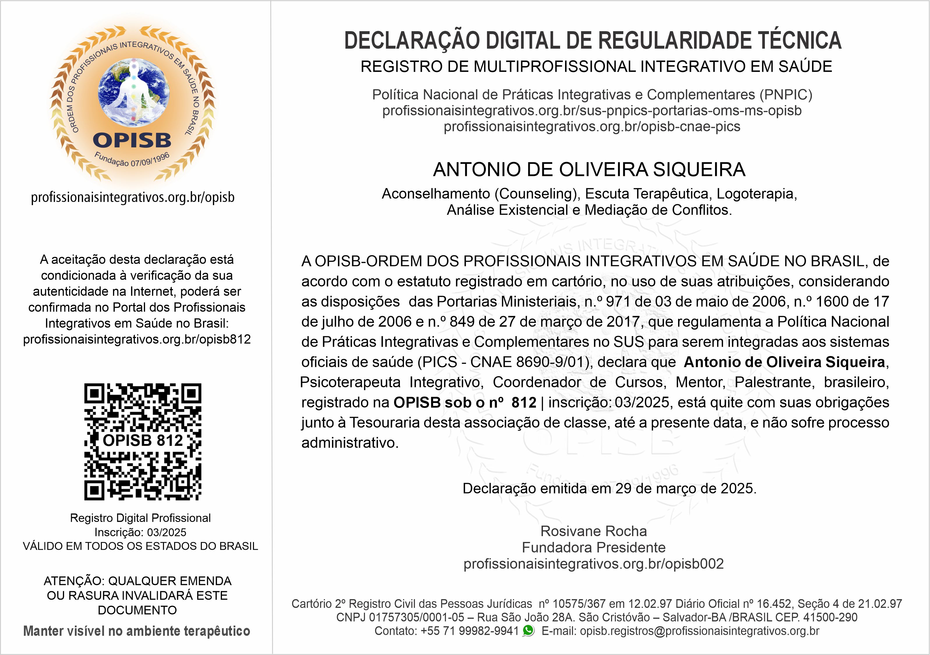 OPISB 812 Antonio de Oliveira Siqueira Declaração Digital de Regularidade Técnica