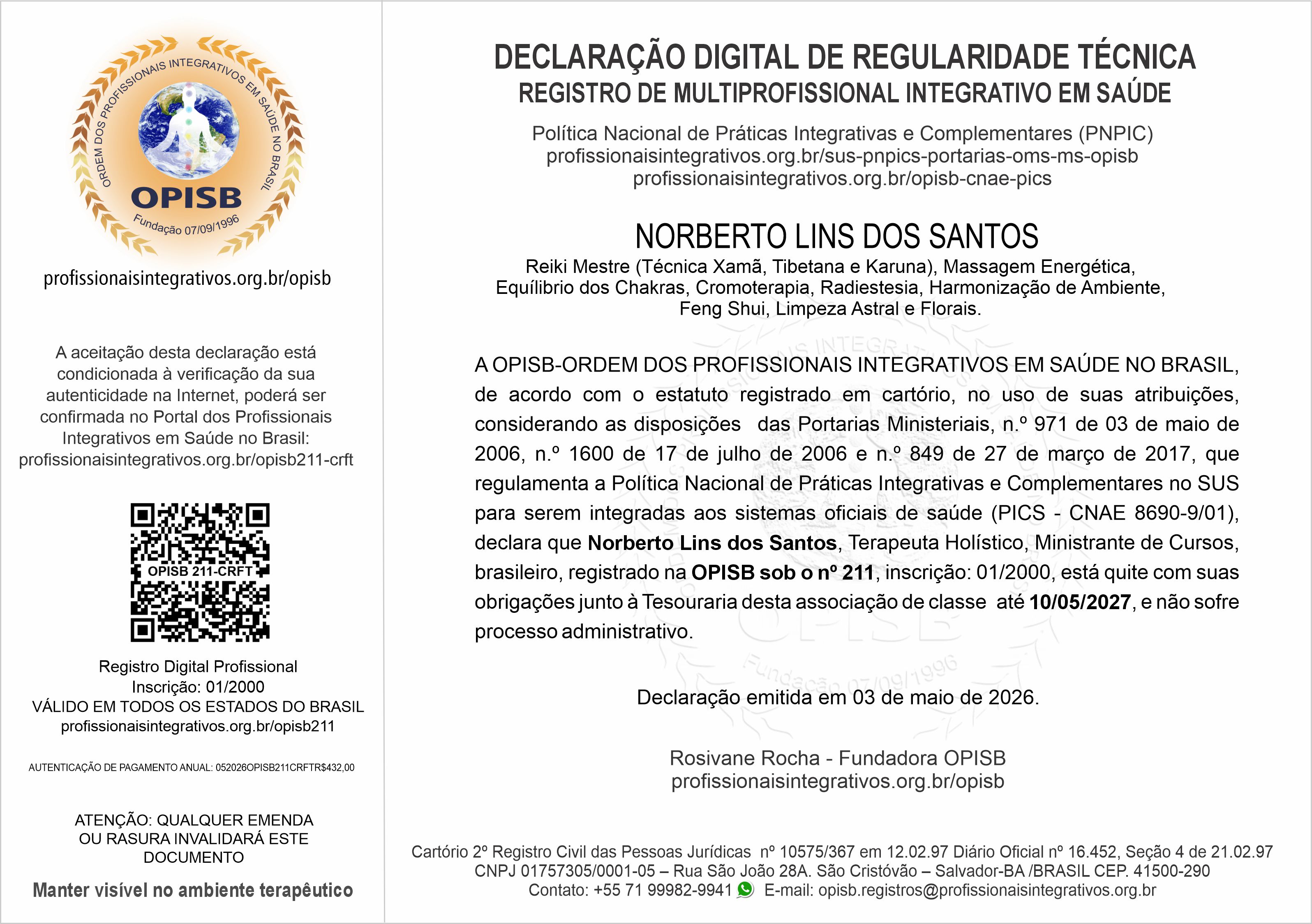 OPISB 211 Norberto Lins dos Santos Declaração Digital de Regularidade Técnica