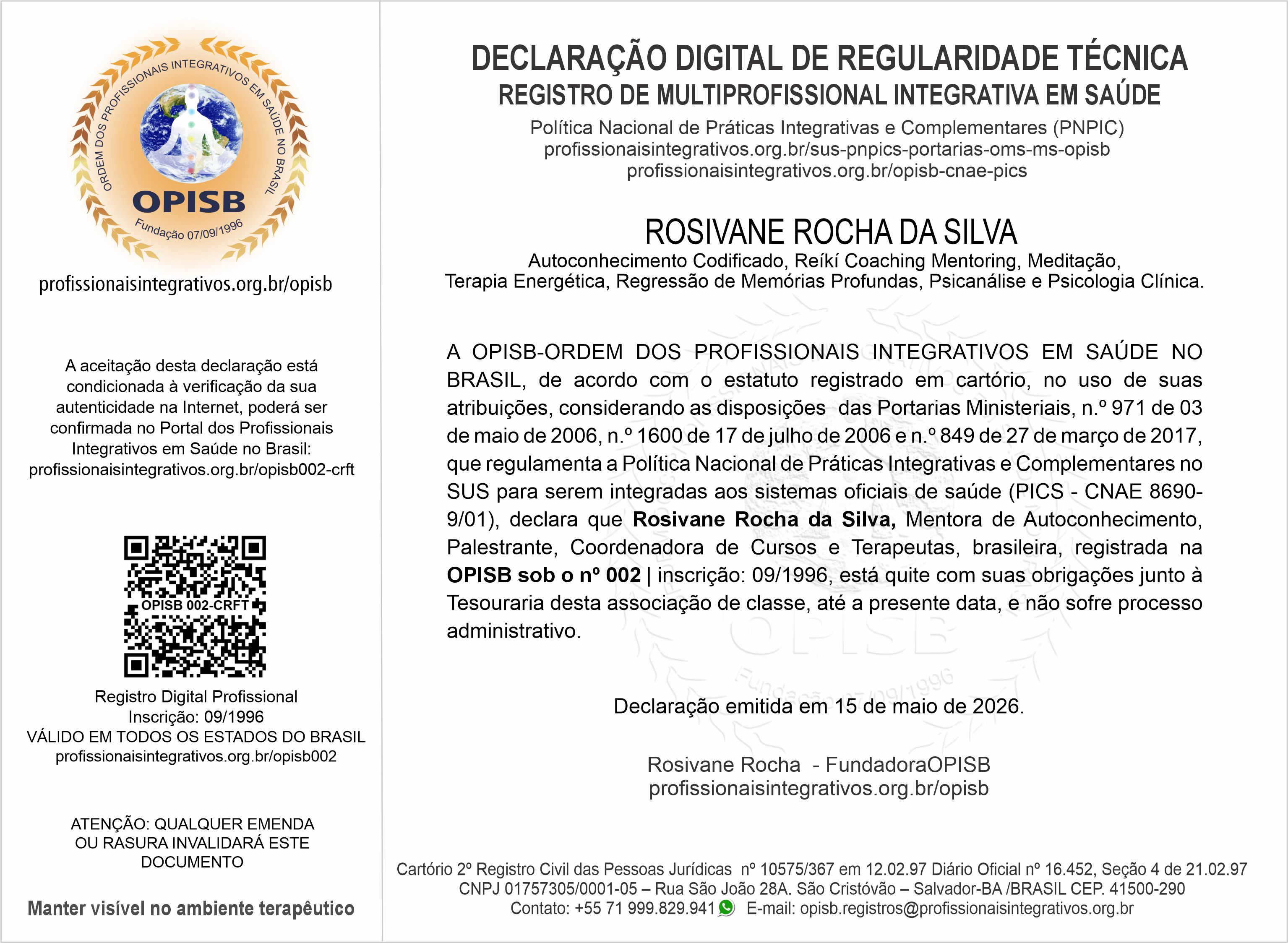 OPISB 002 Rosivane Rocha Declaração Digital de Regularidade Técnica