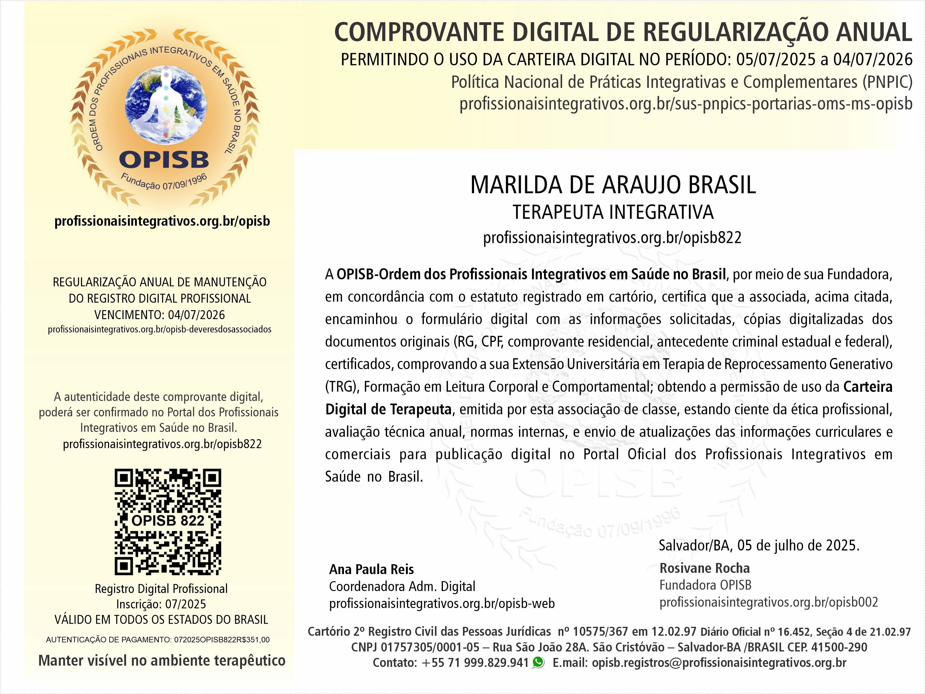 OPISB 822 Marilda de Araujo Brasil Comprovante Digital de Regularização Anual