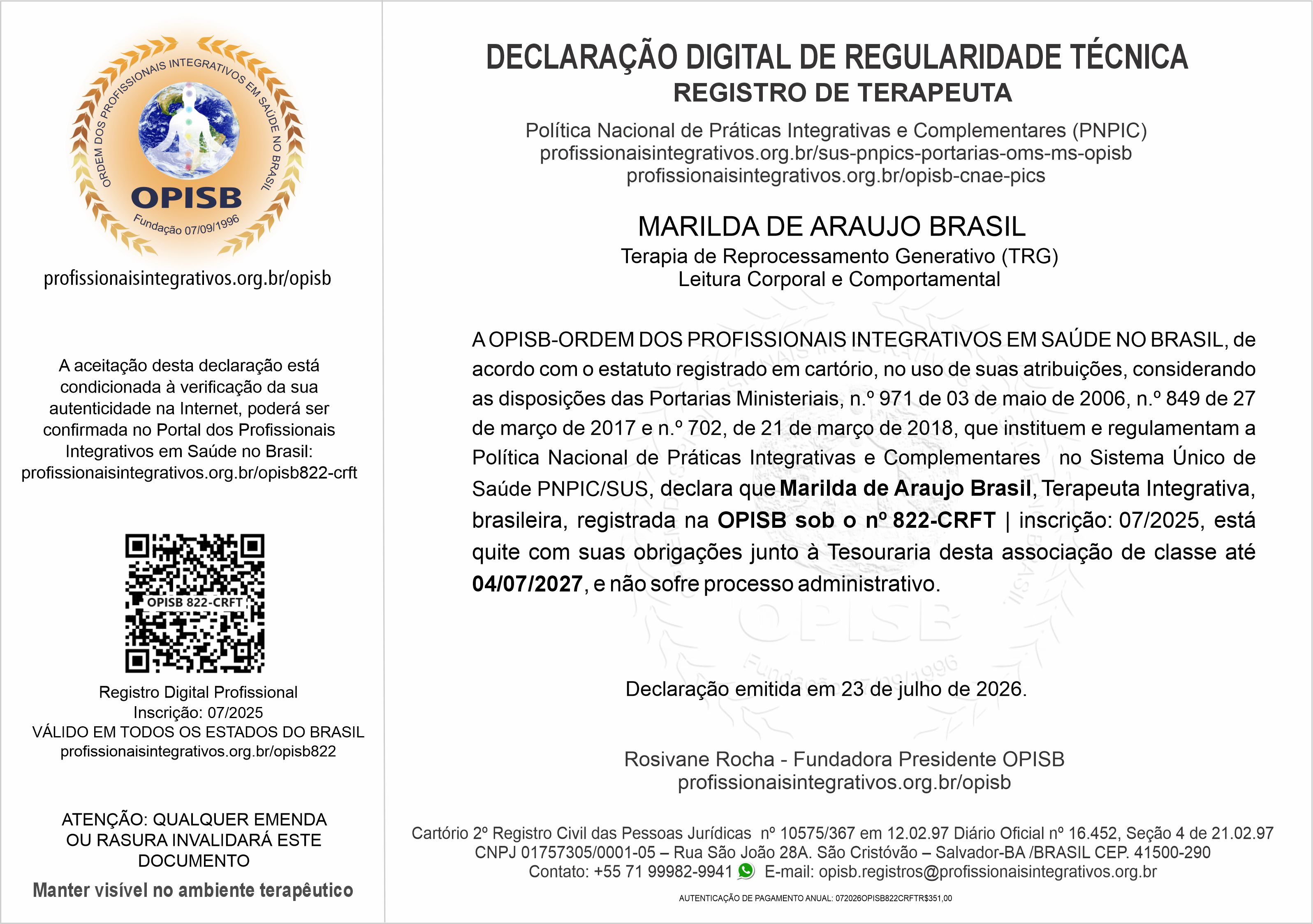 OPISB 822 Marilda de Araujo Brasil Declaração Digital de Regularidade Técnica
