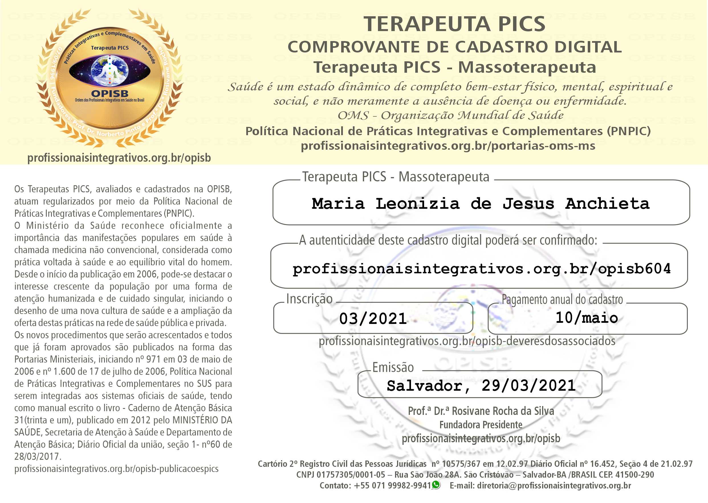 OPISB 604 MARIA LEONIZIA DE JESUS ANCHIETA COMPROVANTE DE CADASTRO DIGITAL TERAPEUTA PICS