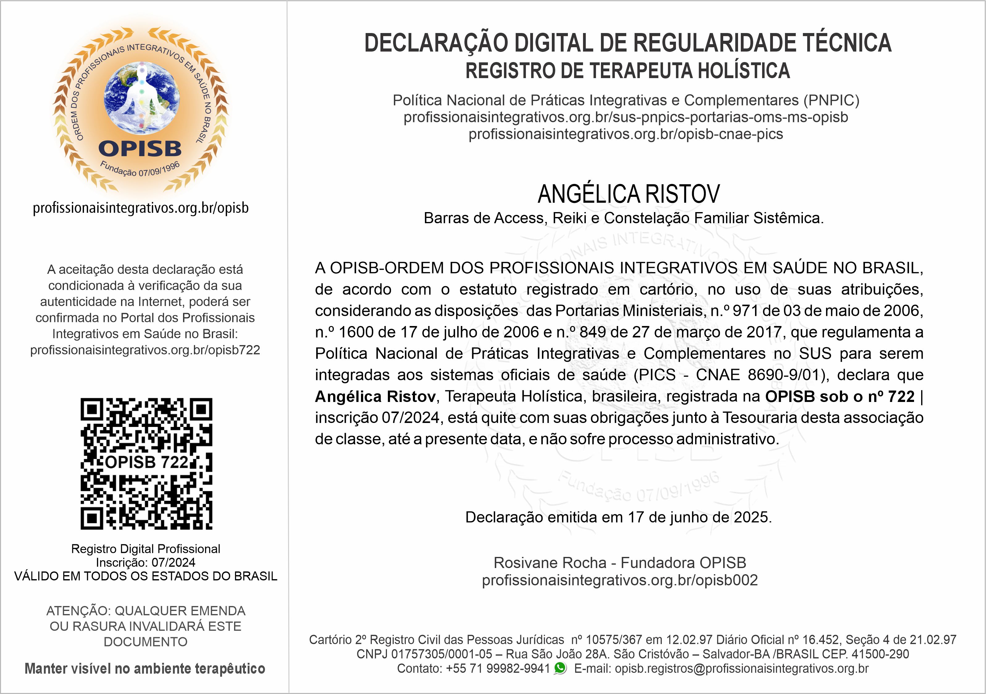 OPISB 722 Angélica Ristov  Declaração Digital de Regularidade Técnica.