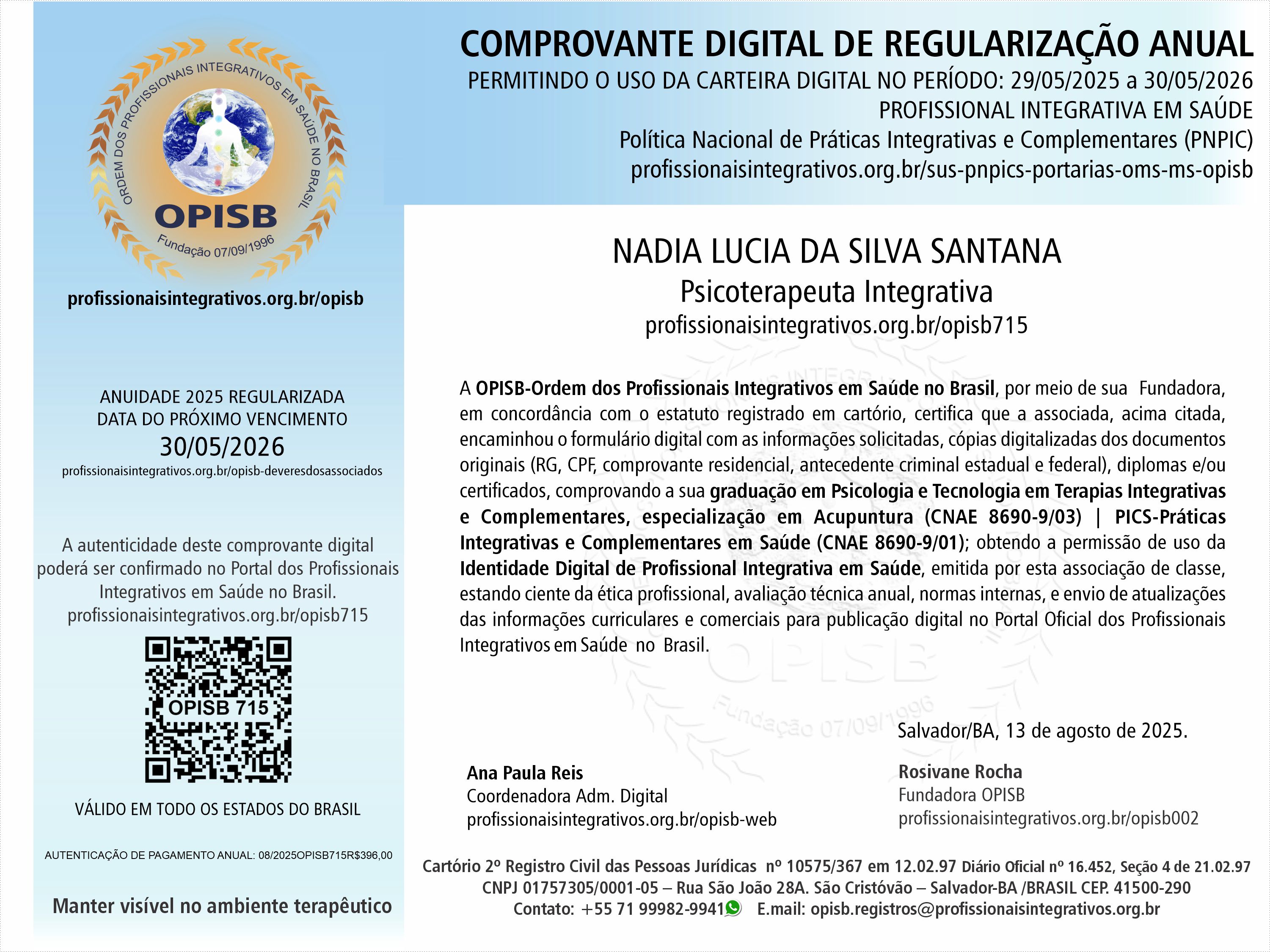 OPISB 715 Nadia Santana Comprovante Digital de Regularização Anual