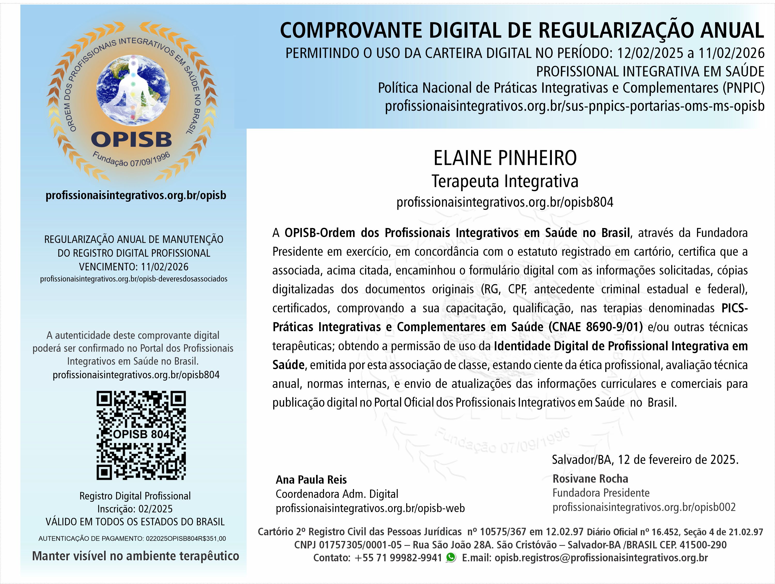 OPISB 804 Elaine Pinheiro Comprovante Digital de Regularização Anual
