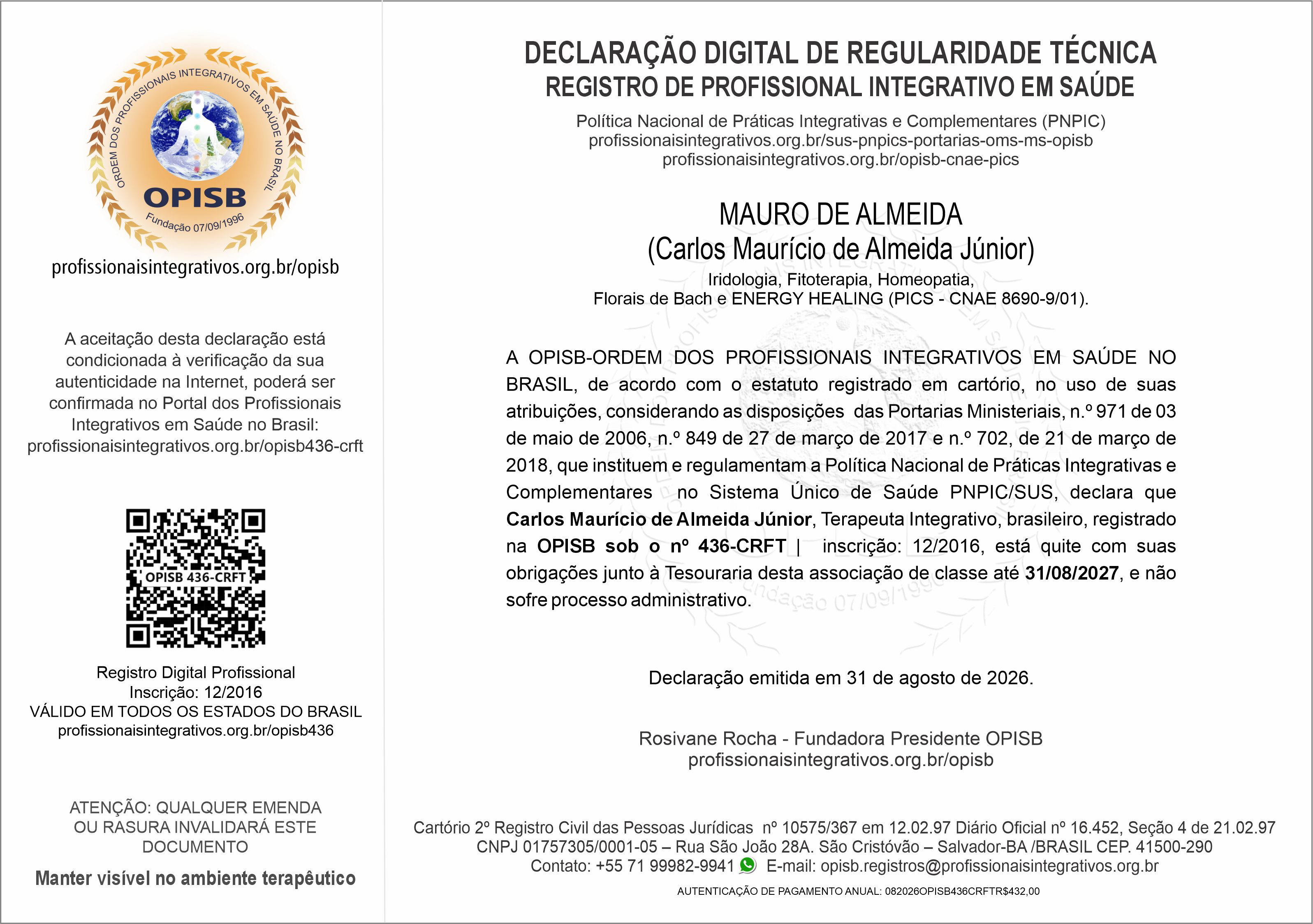 OPISB 436-CRFT Declaração Digital de Regularidade Técnica