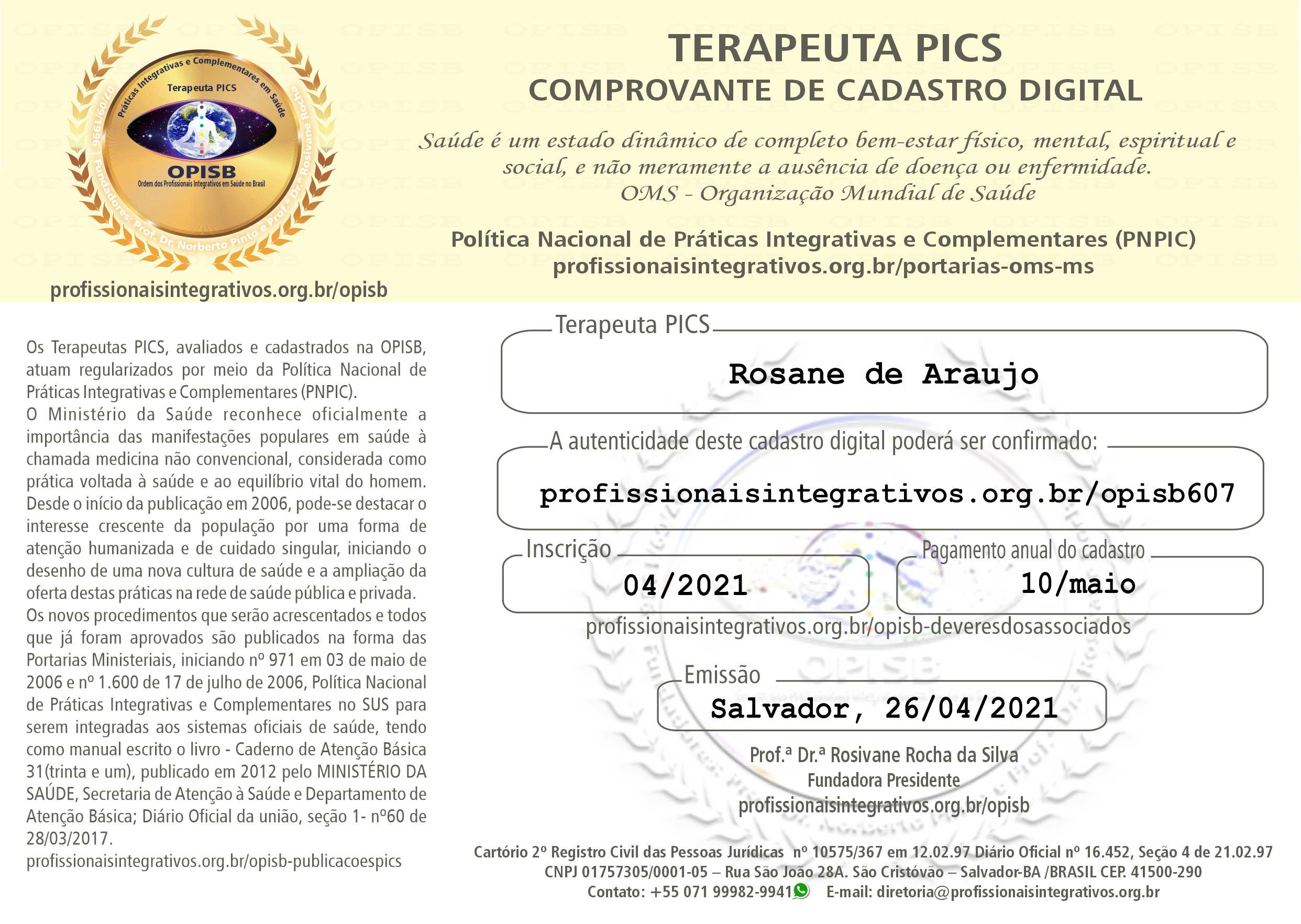 OPISB 607 ROSANE DE ARAUJO COMPROVANTE DE CADASTRO DIGITAL TERAPEUTA PICS