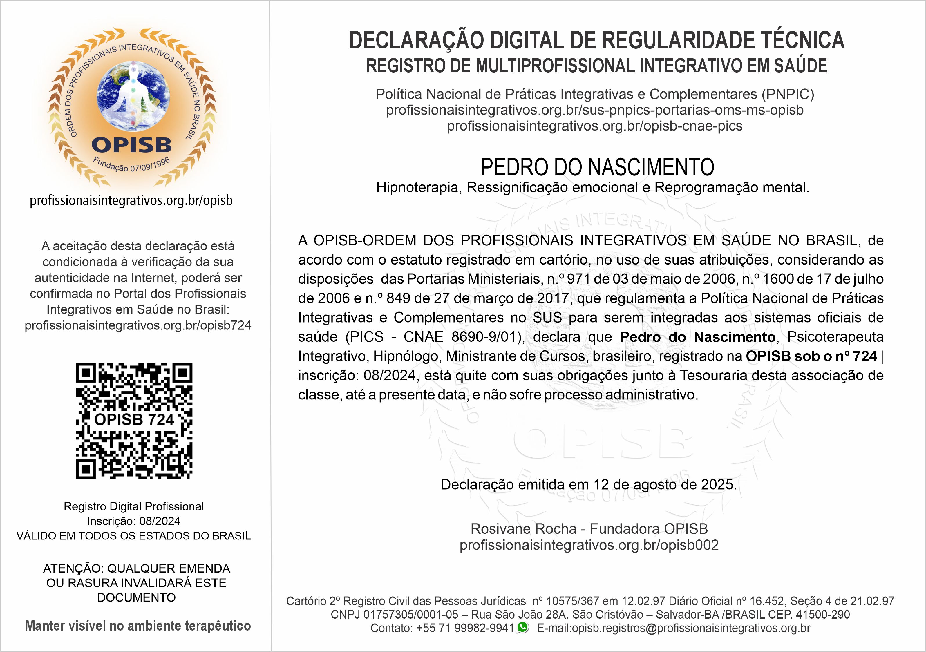 OPISB 724 Pedro do Nascimento Declaração Digital de Regularidade Técnica.