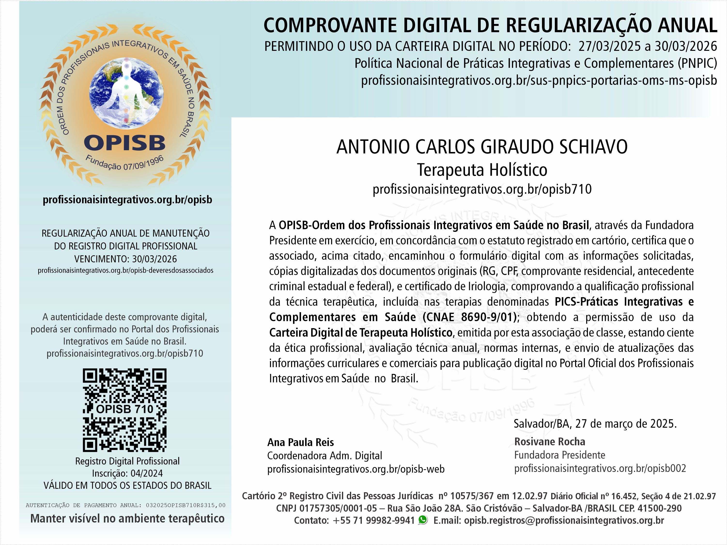 OPISB 710 Antonio Carlos Schiavo Comprovante Digital de Regularização 