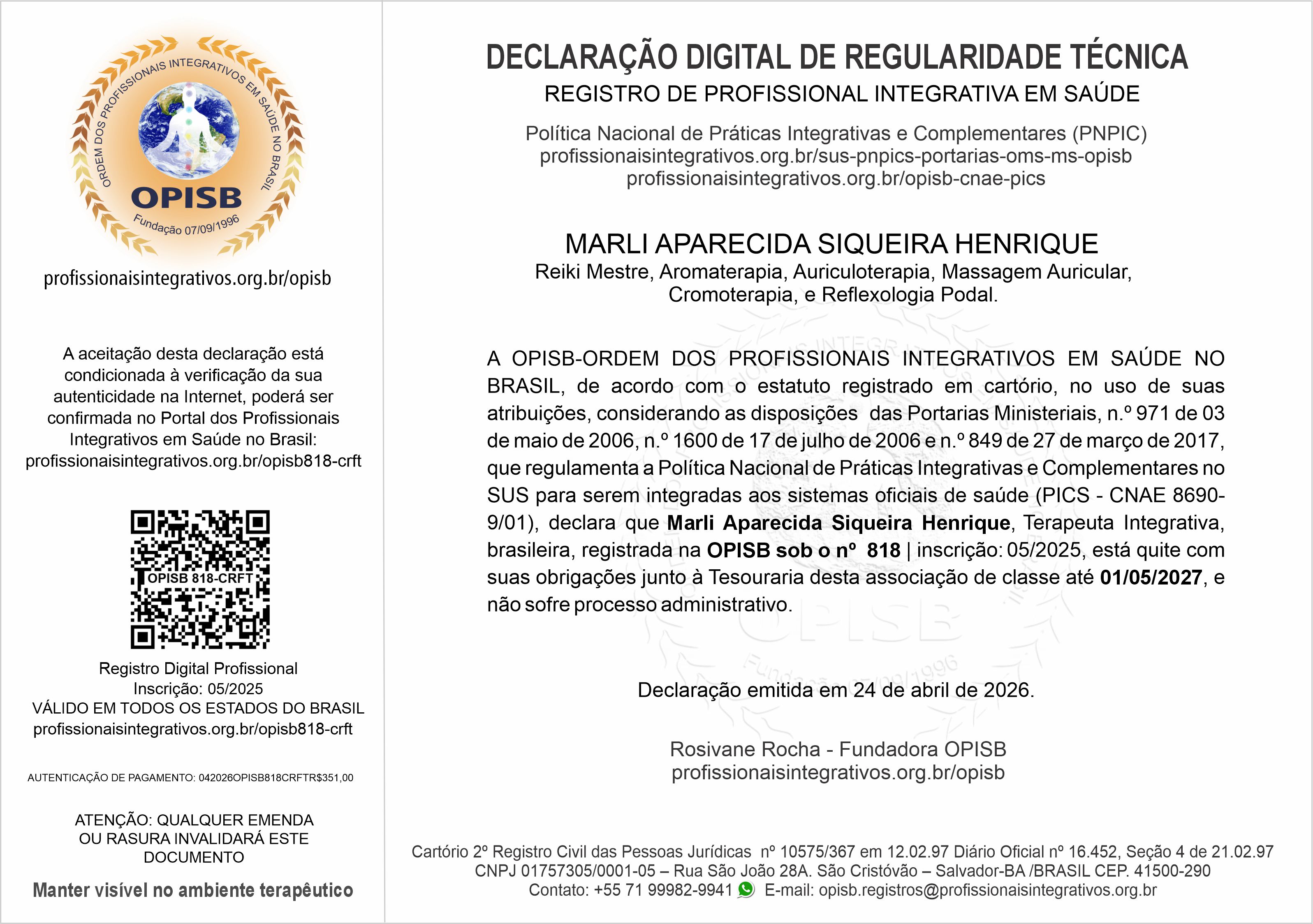 OPISB 818 Marli Aparecida Siqueira Henrique Declaração Digital de Regularidade Técnica