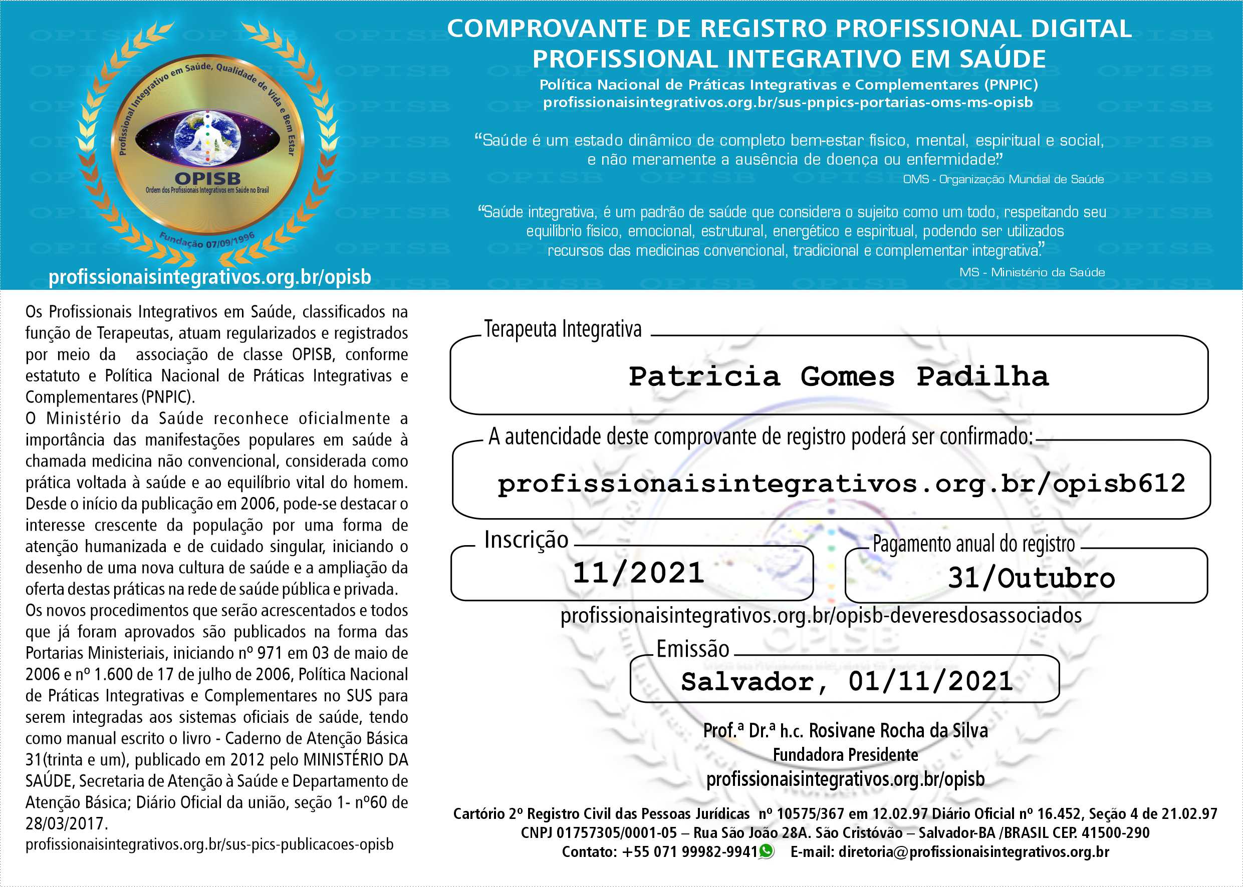 OPISB 612 PATRICIA GOMES PADILHA COMPROVANTE DE REGISTRO DIGITAL PROFISSIONAL INTEGRATIVO EM SAÚDE