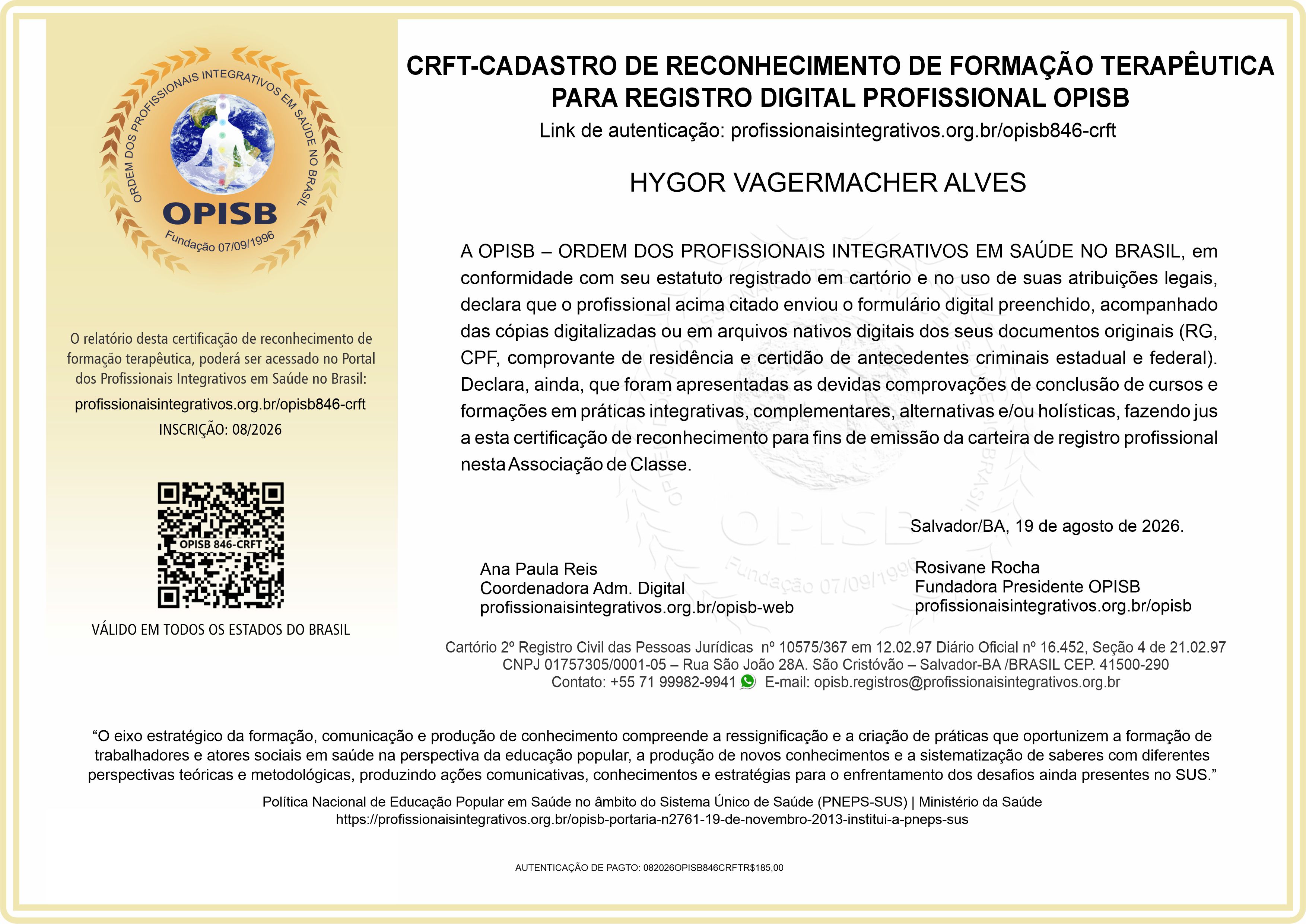 OPISB 846-CRFT Cadastro de Reconhecimento de Formação Terapêutica