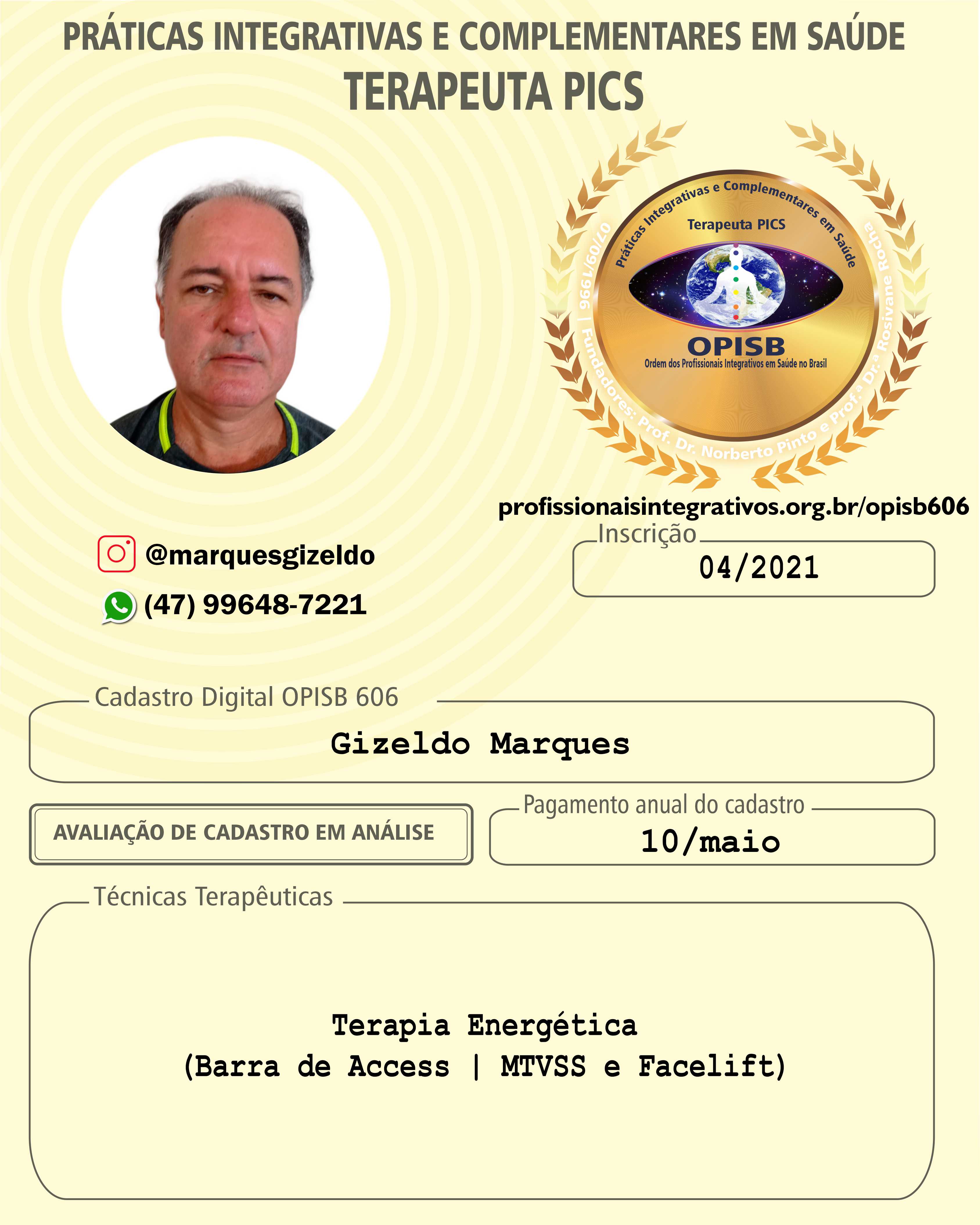 OPISB 606 GIZELDO MARQUES CARTÃO DE DIVULGAÇÃO TERAPEUTA PICS