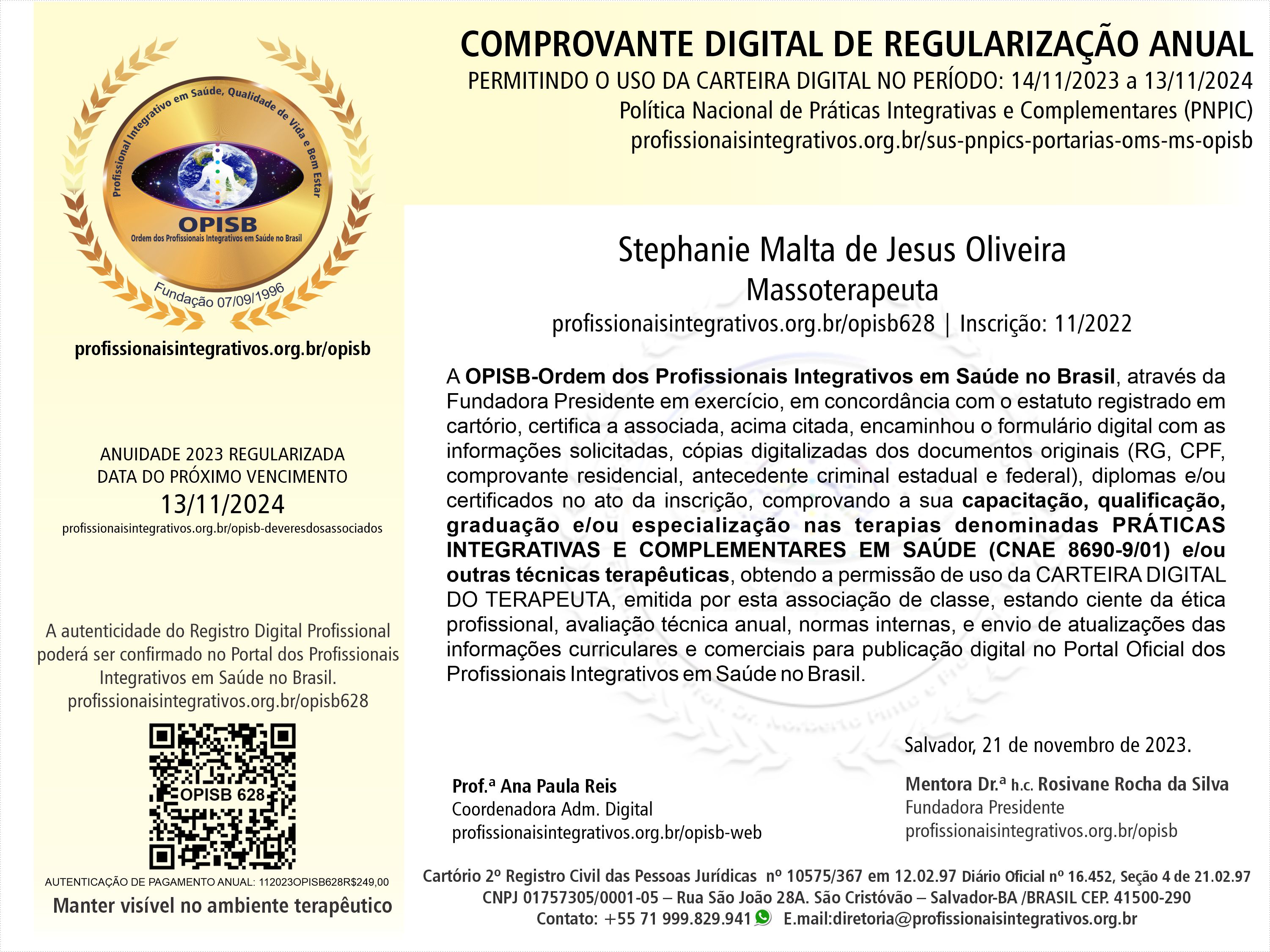 OPISB 628 Comprovante Digital de Regularização Anual Nov_2023 a Nov_2024 | OPISB 628 Stephanie Malta | Massoterapeuta | Massoterapia | Registro Profissional | Ilhéus | instagram @stephanie.posoperatorio