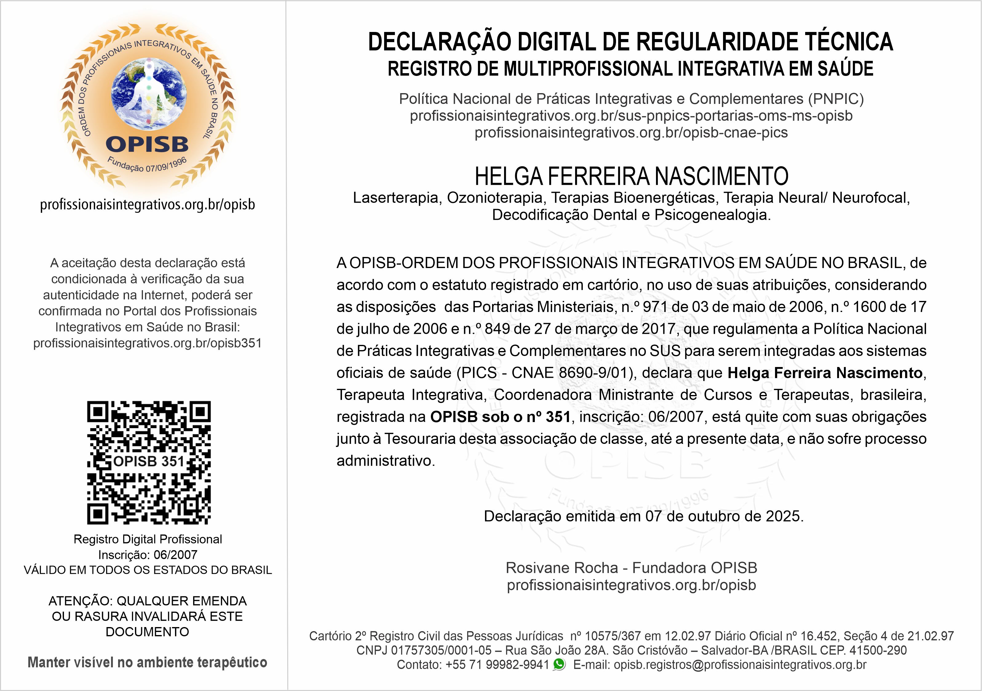 OPISB 351  Helga Ferreira Declaração Digital de Regularidade Técnica