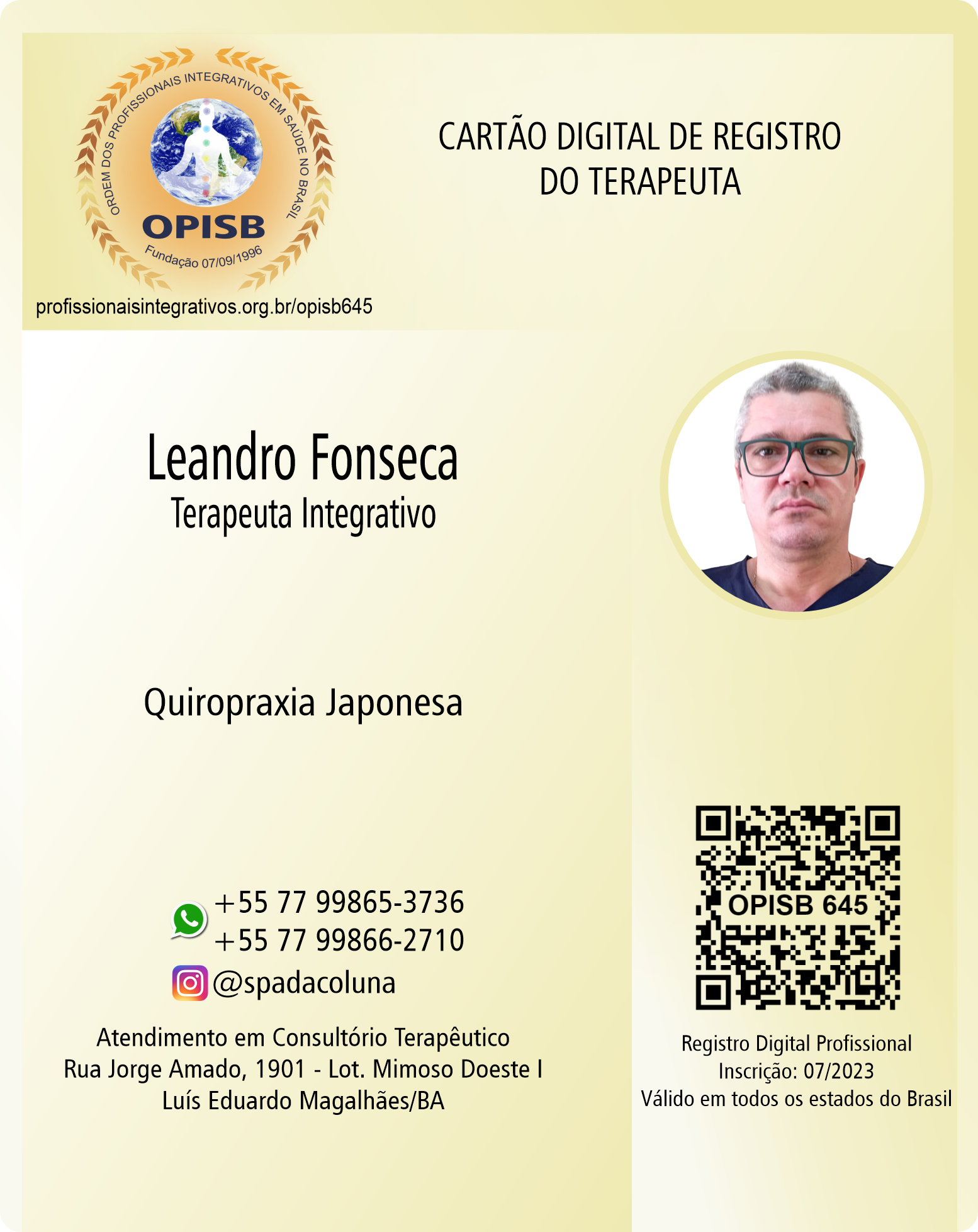 OPISB 645 Leandro Fonseca | Terapeuta Integrativo | Luís Eduardo Magalhães - Bahia | Registro Digital Profissional