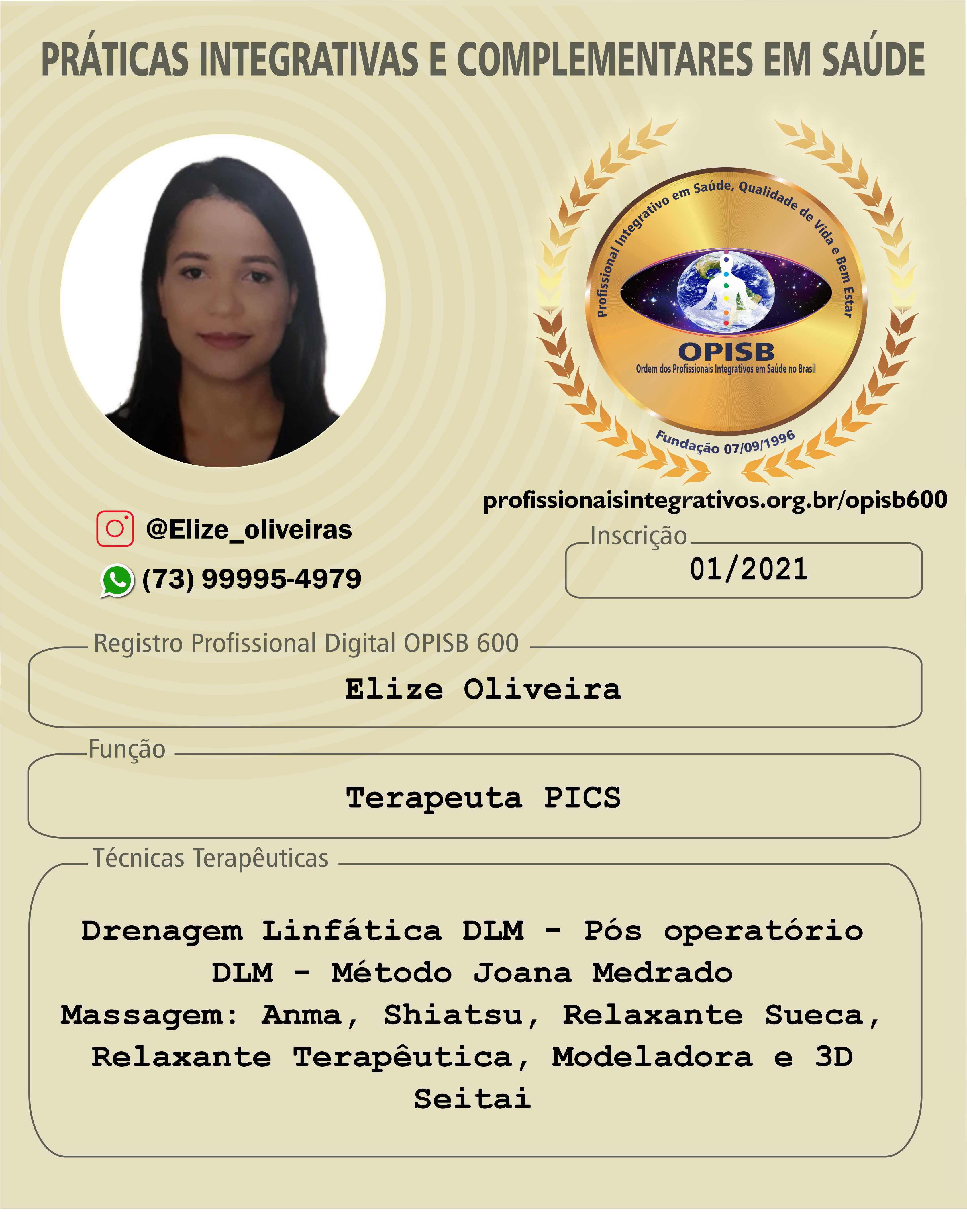 OPISB 600 ELIZE OLIVEIRA CARTÃO DE DIVULGAÇÃO TERAPEUTA PICS