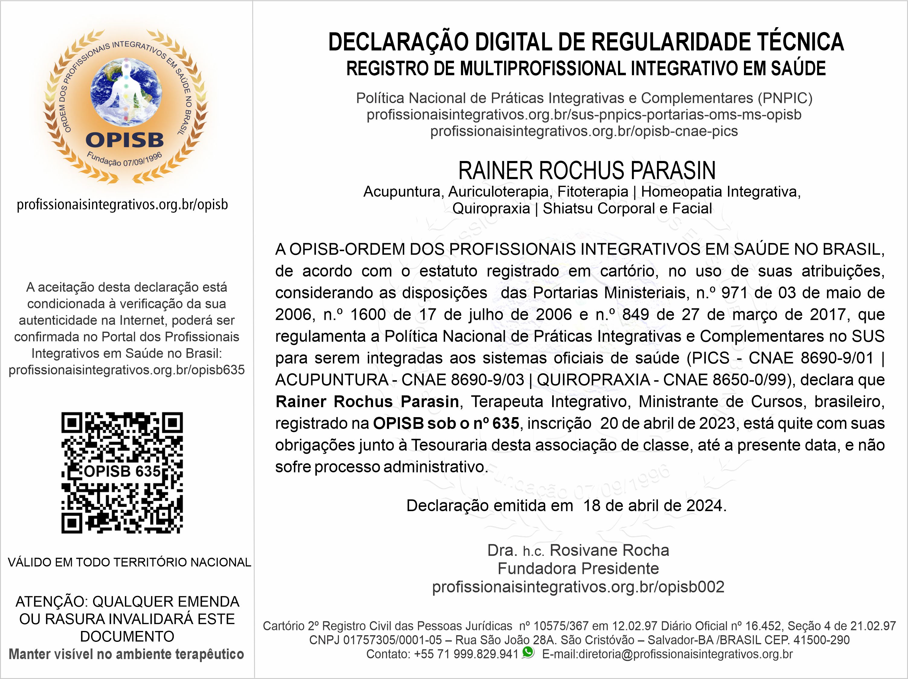 OPISB 635 Declaração Digital de Regularidade Técnica