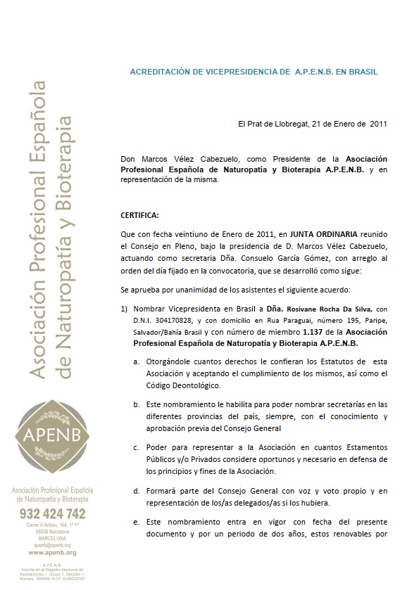 Acreditação de Vice-Presidência da APENB no Brasil pág.01 | Mentora Dra. h.c. Rosivane Rocha | Vice-Presidente APENB Brasil | Diretora Fundadora da OPISB - Ordem dos Profissinais Integrativos em Saúde no Brasil