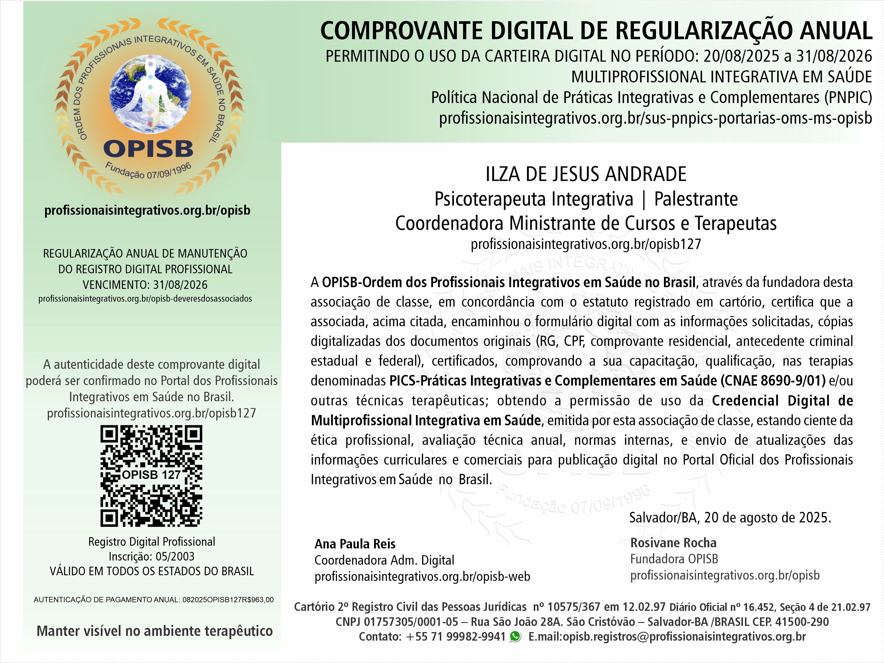 OPISB 127 Ilza de Jesus Andrade Comprovante Digital de Regularização Anual