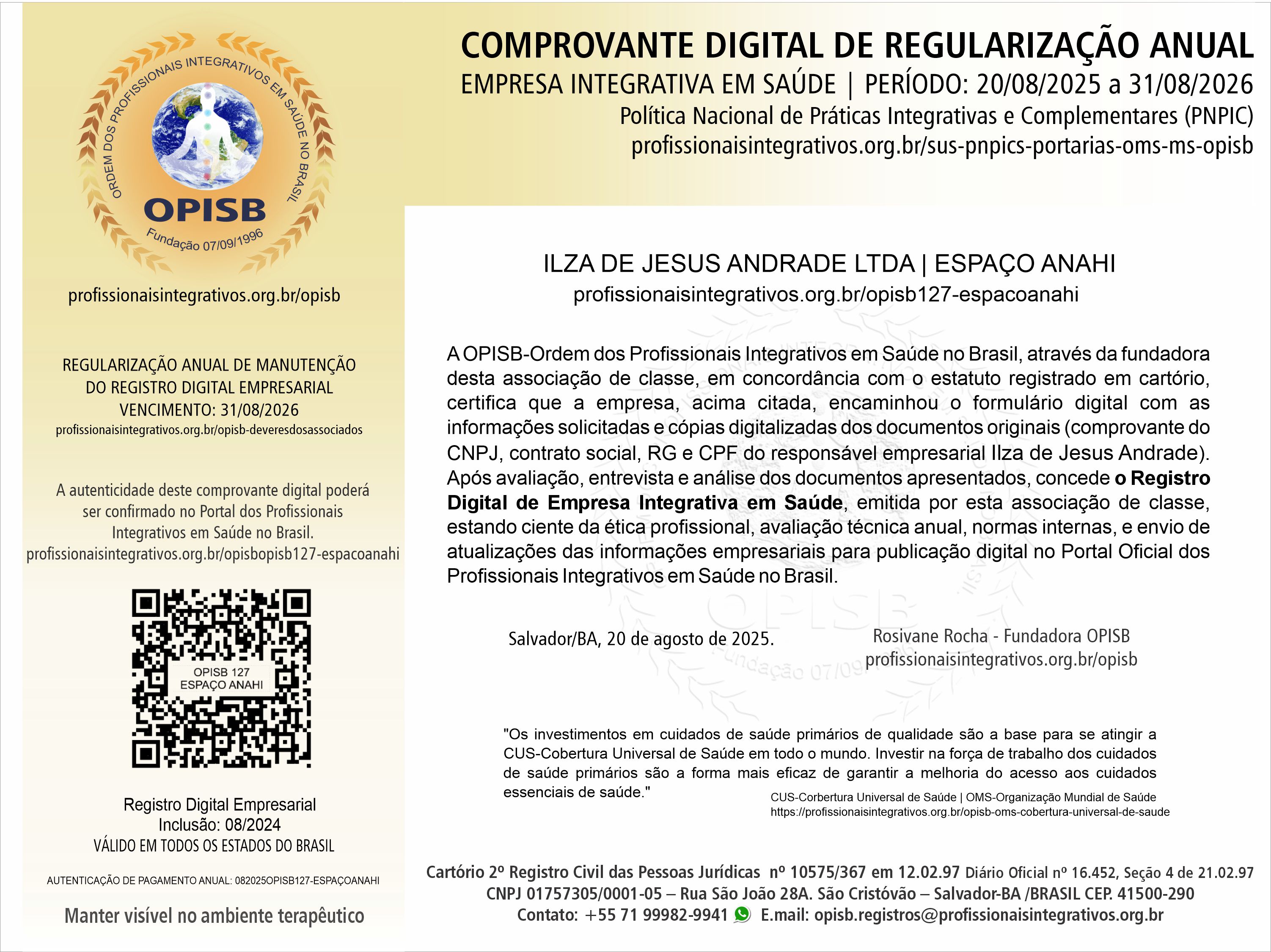 OPISB 127-ESPAÇOANAHI Comprovante Digital de Regularização Anual