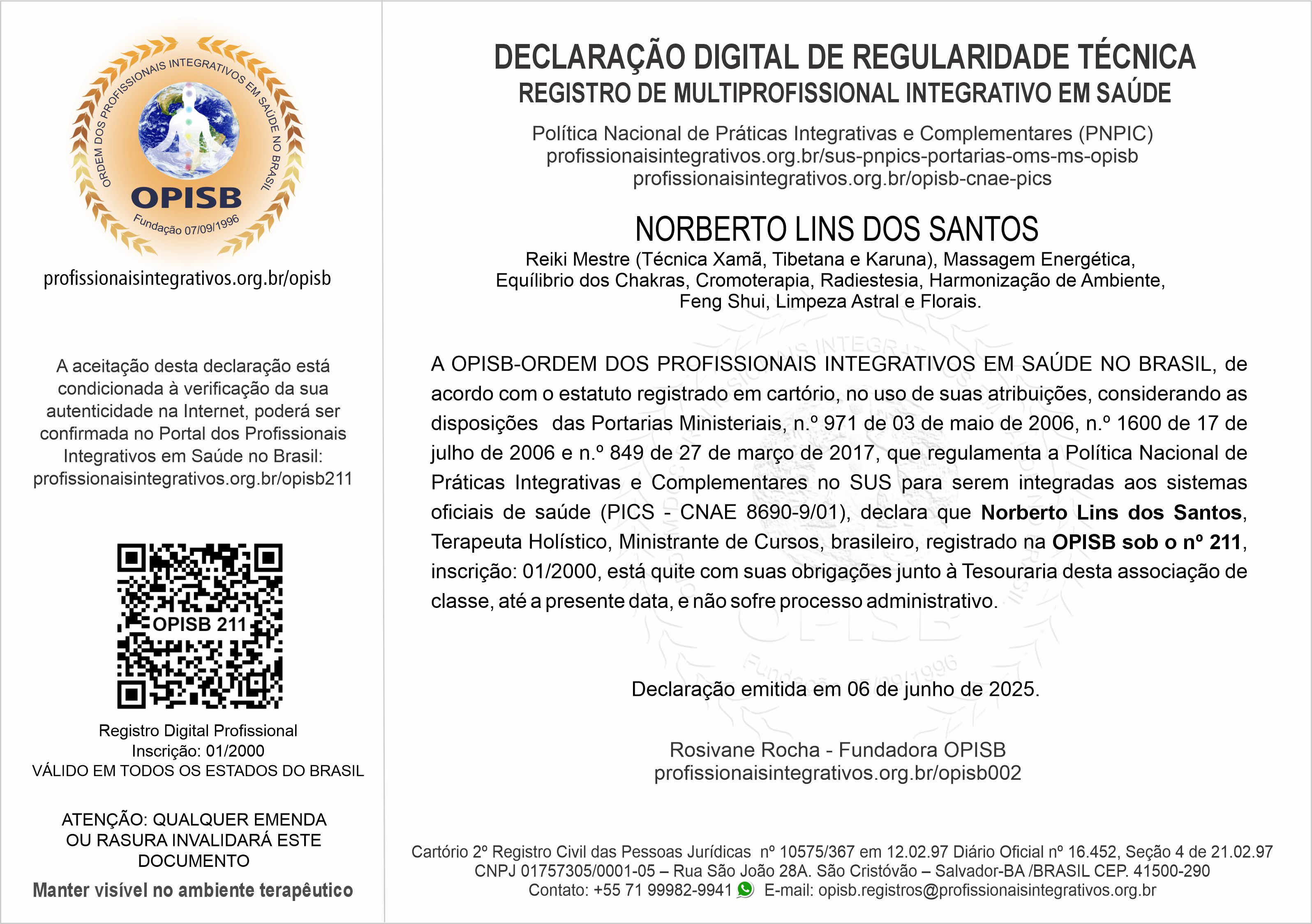 OPISB 211 Mestre Pablo Declaração Digital de Regularidade Técnica