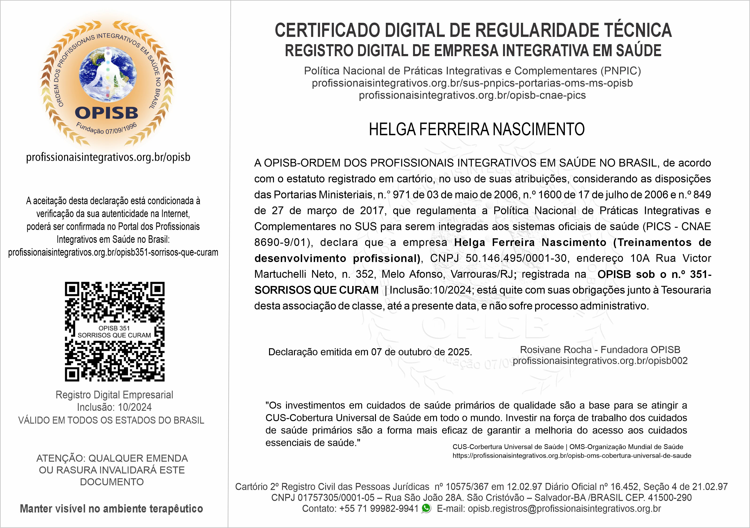 OPISB 351-SORRISOS QUE CURAM Certificado Dig de Regularidade Técnica