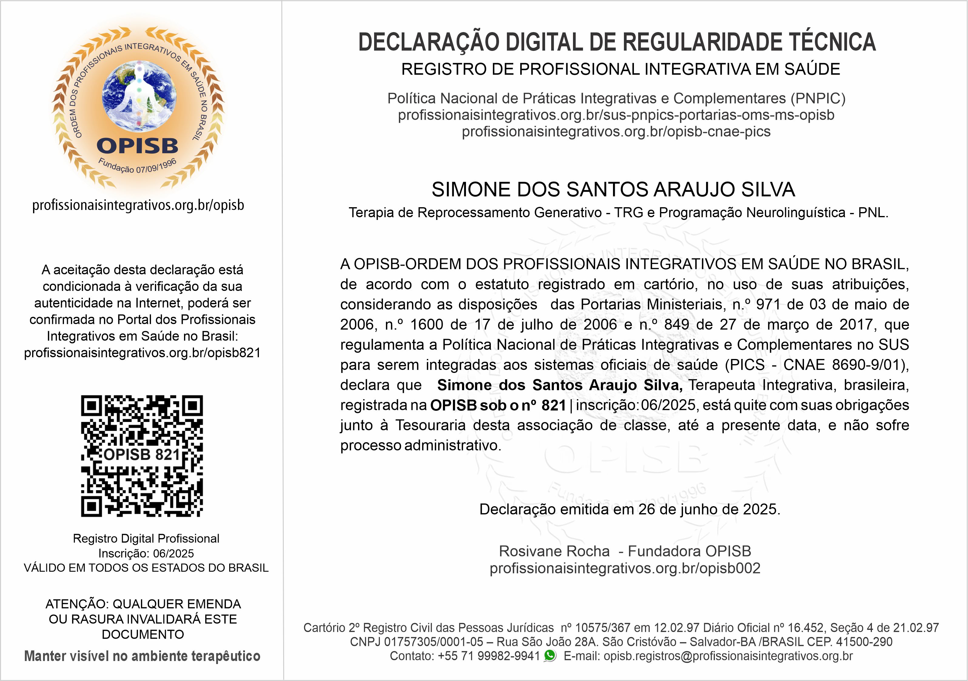 OPISB 821 Simone dos Santos Araujo Silva  Declaração Digital de Regularidade Técnica