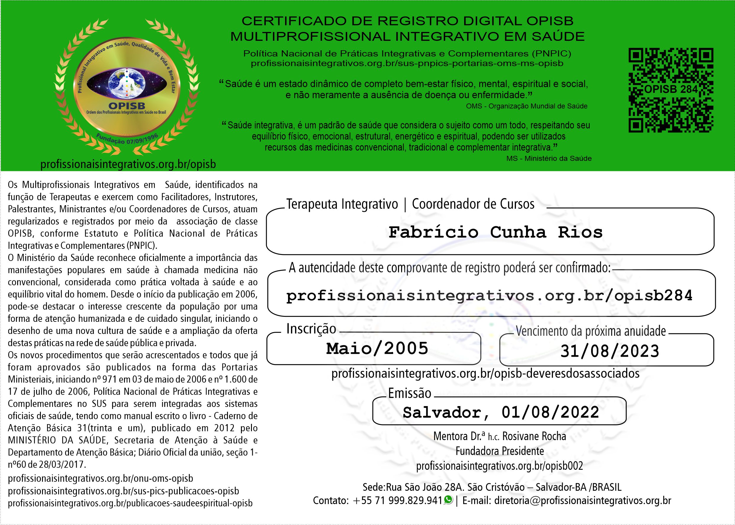 OPISB 284 Fabrício Cunha Rios | Terapeuta Integrativo Coordenador de Cursos