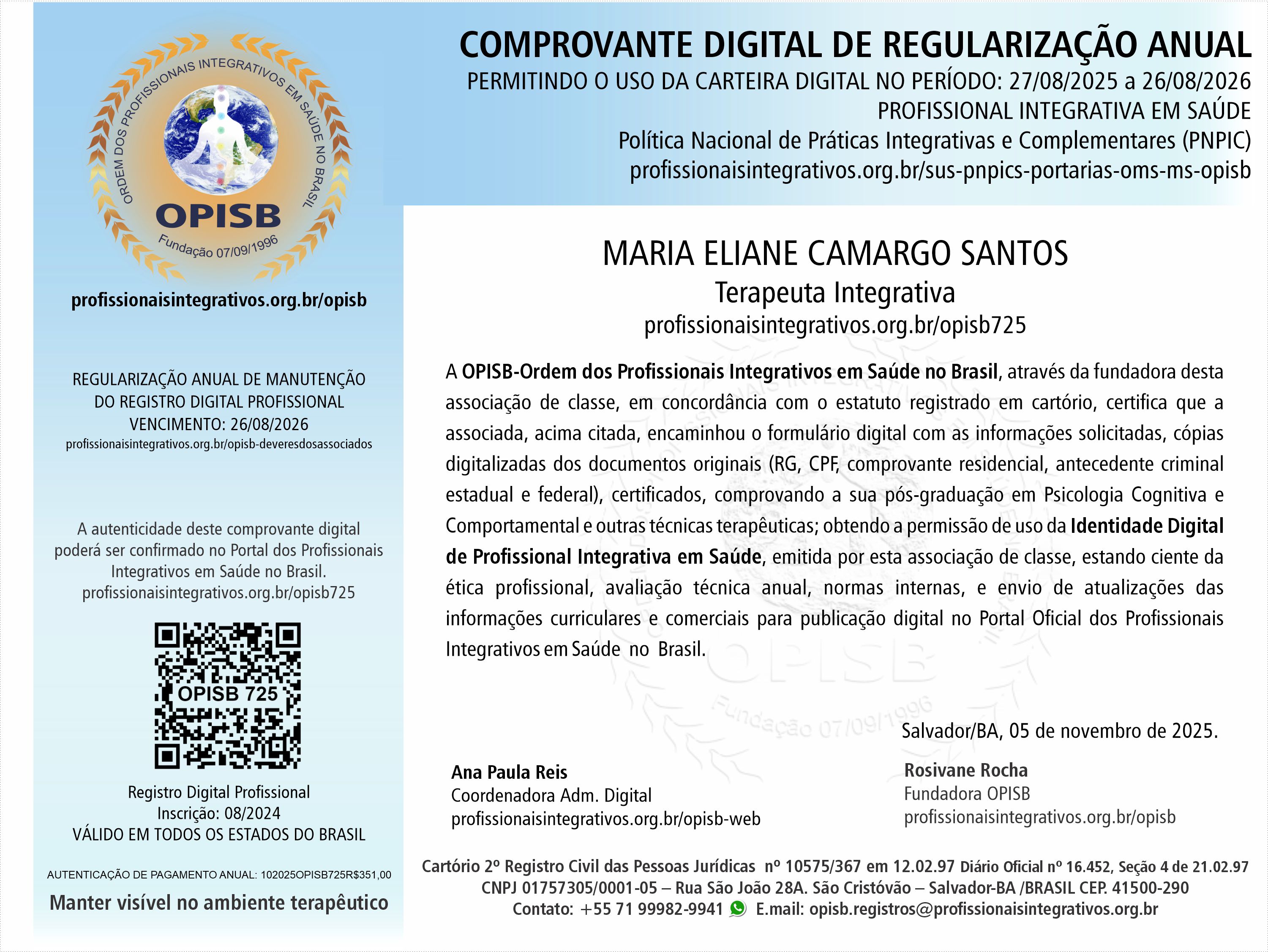 OPISB 725 Eliane Camargo Comprovante Digital de Regularização Anual