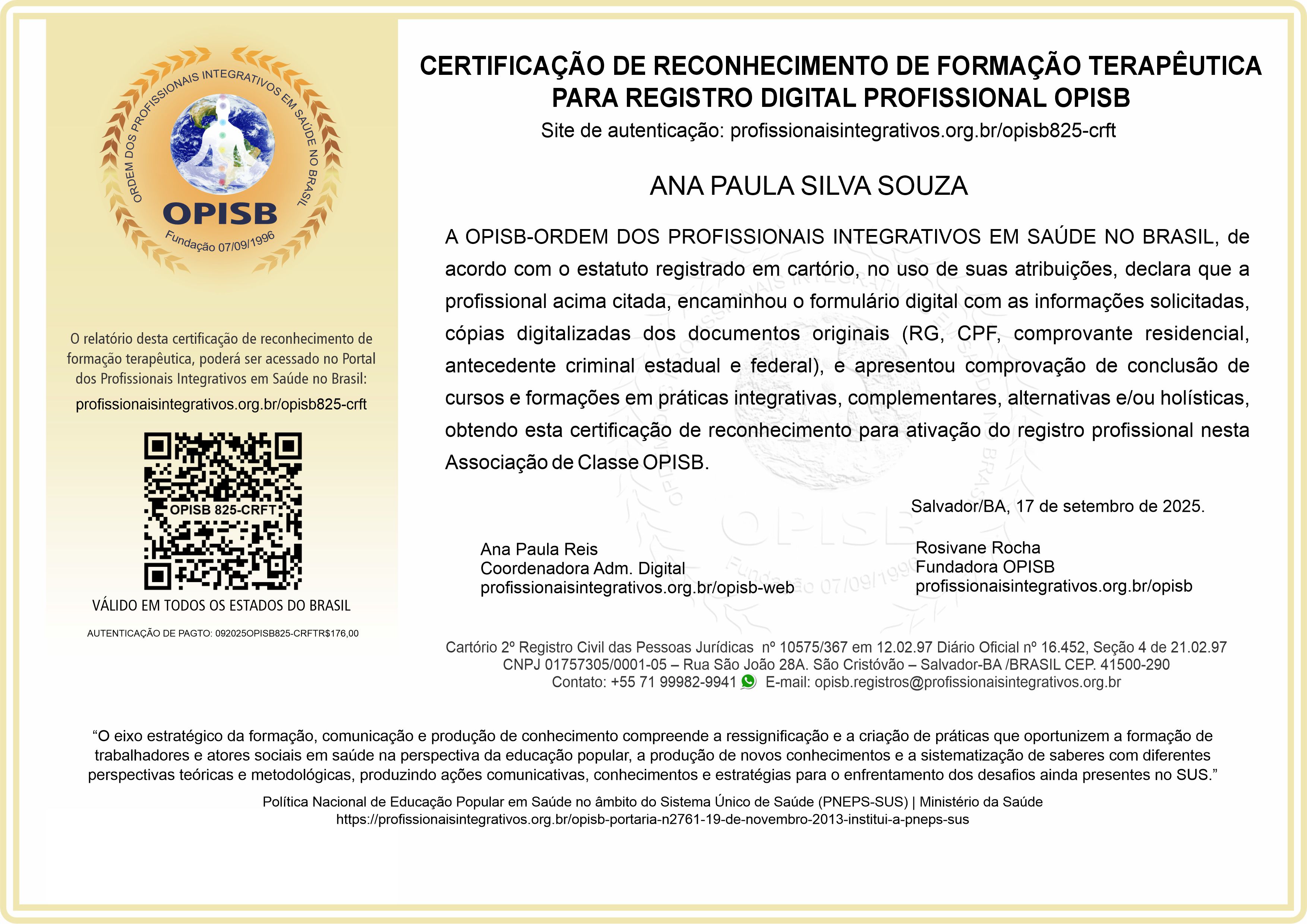 OPISB 825-CRFT Certificação de Reconhecimento de Formação Terapêutica