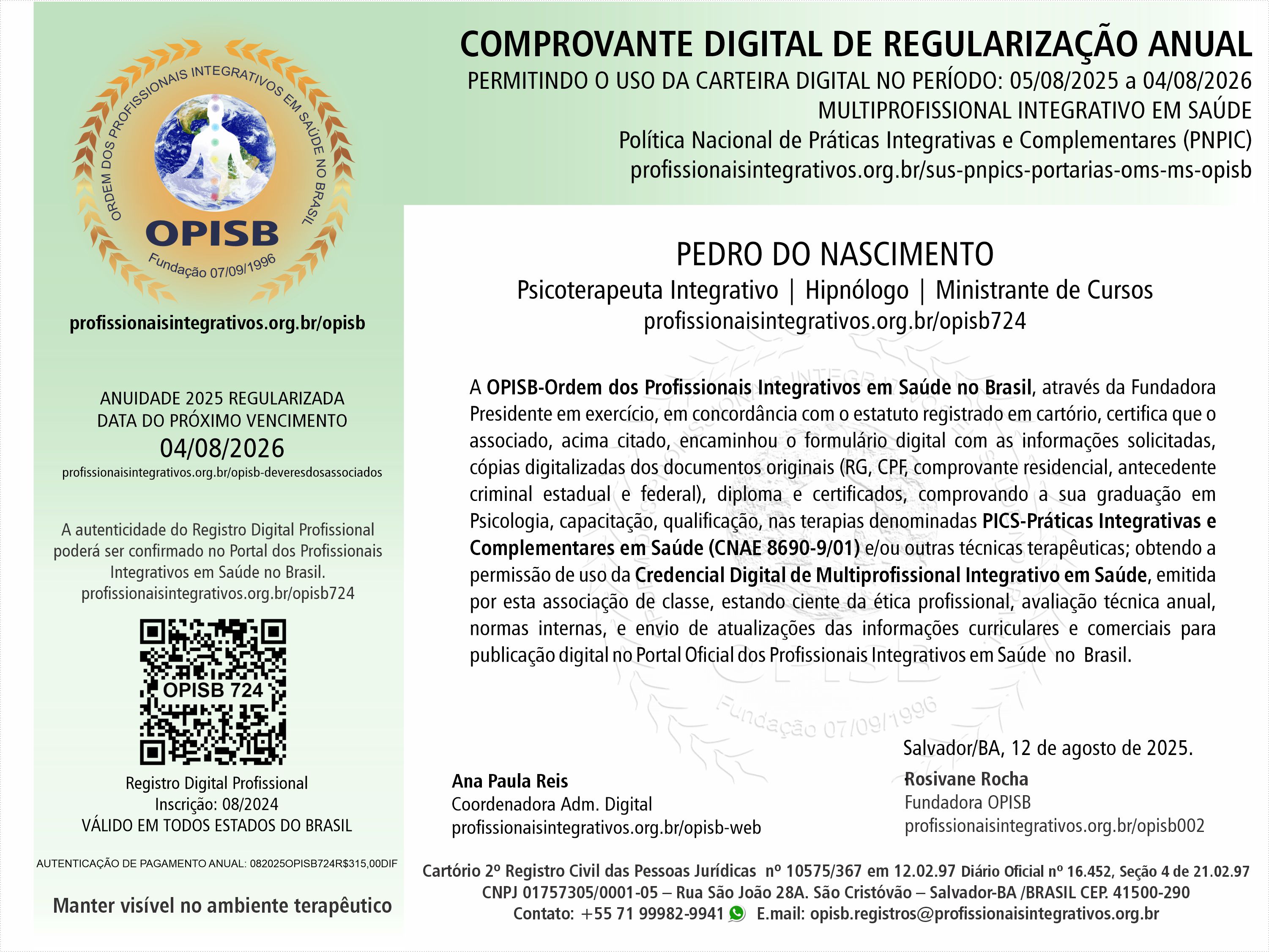 OPISB 724 Pedro do Nascimento Comprovante Digital de Regularização Anual