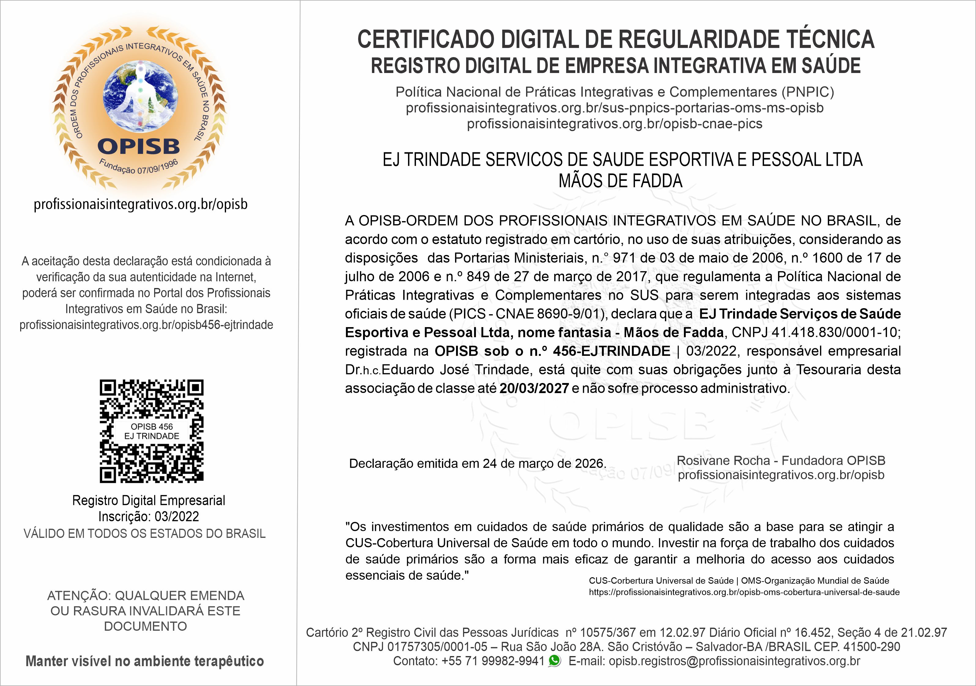 OPISB 456 - EJ Trindade Serviços de Saúde Esportiva e Pessoal Ltda Certificado Digital de Regularidade Técnica