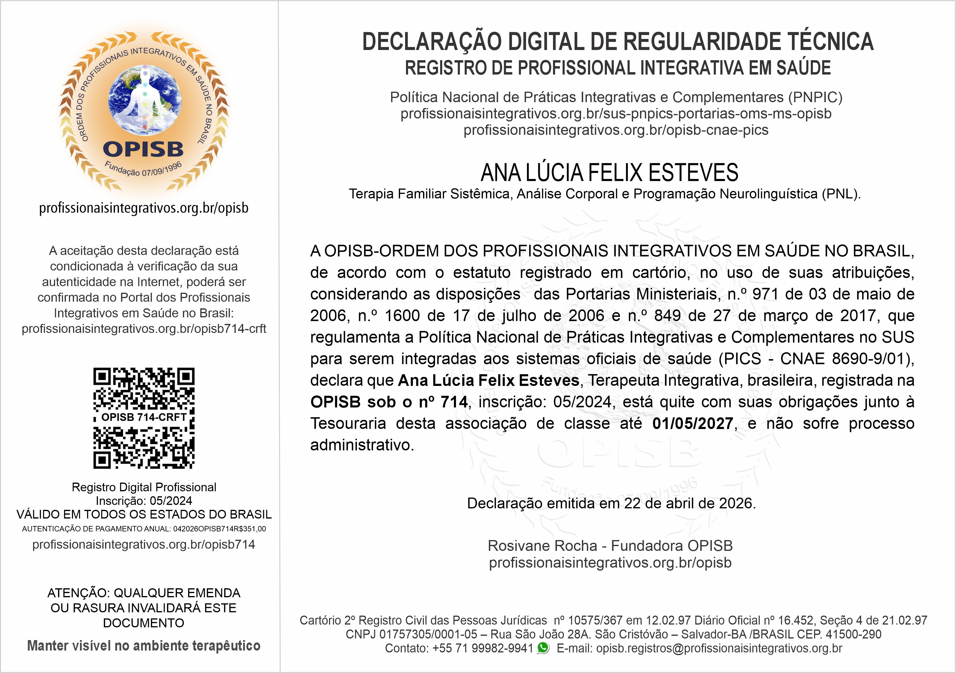 OPISB 714 Ana Lúcia Felix Esteves Declaração Digital de Regularidade Técnica