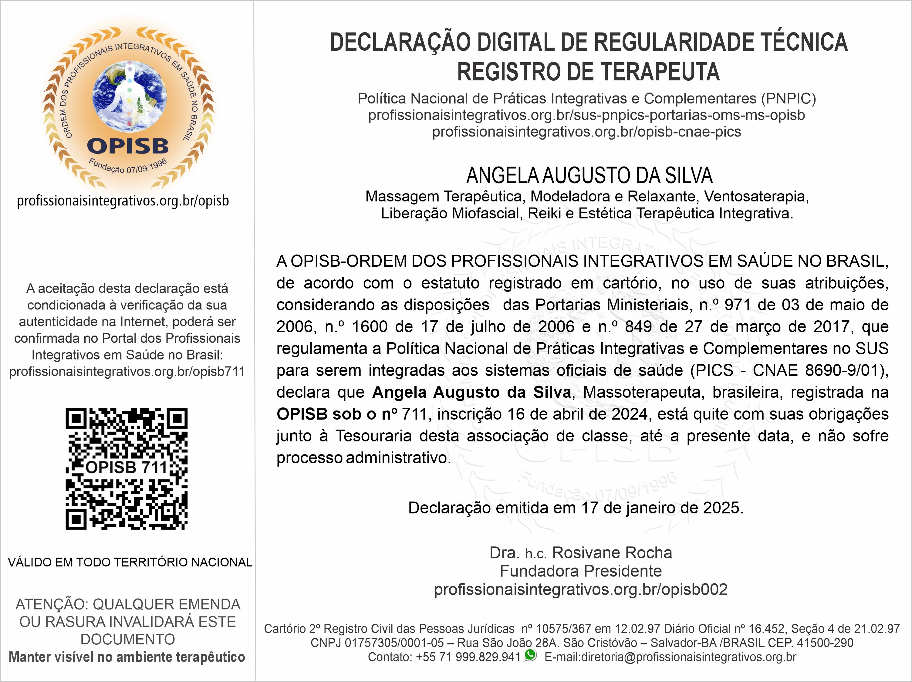 OPISB 711 Angela Augusto da Silva  Declaração Digital de Regularidade Técnica